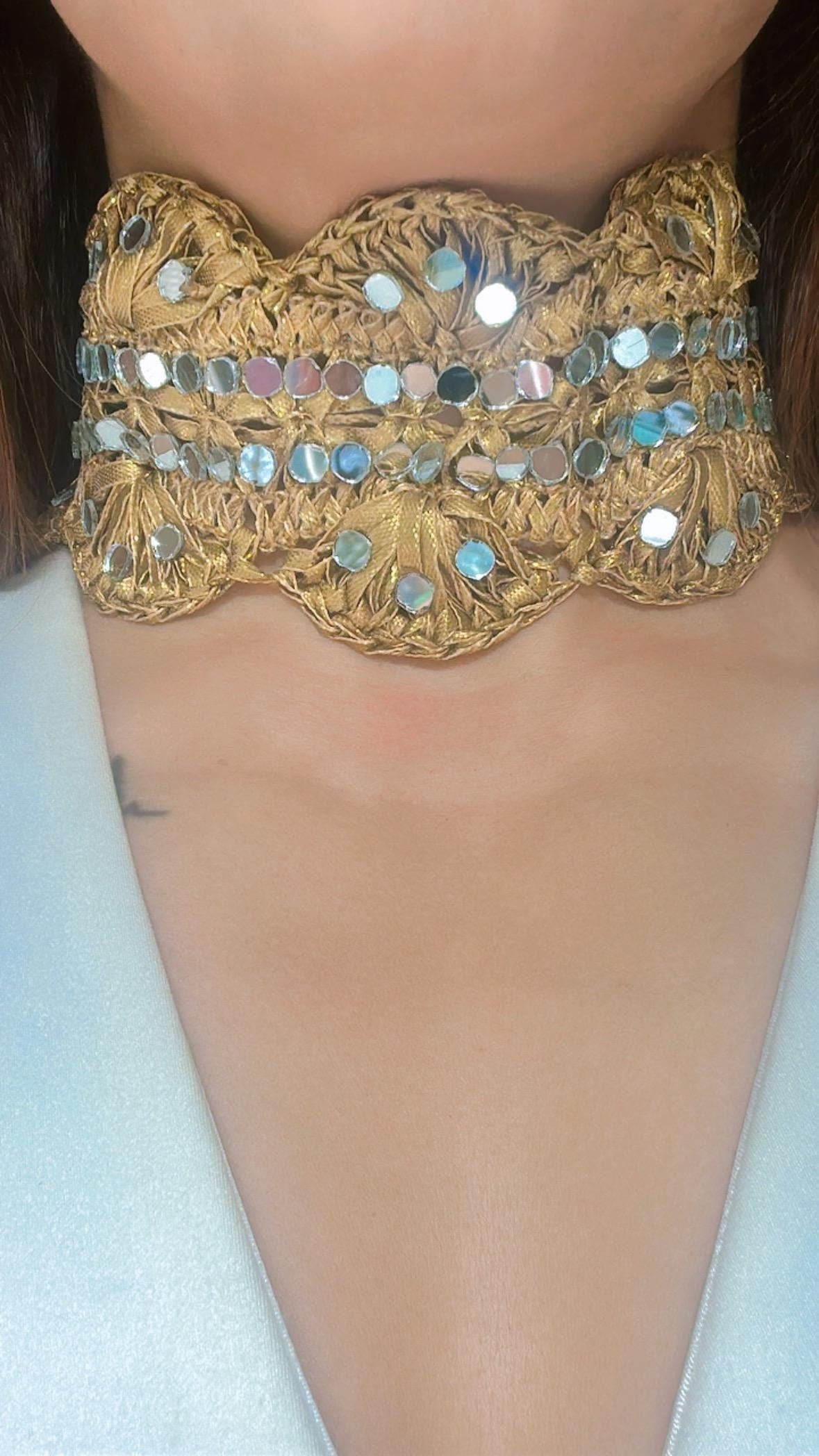 Gold Fabric Choker Necklace Unique Handmade Jewelry Ethnic Art Lace Choker Vibrant Artisan Boho