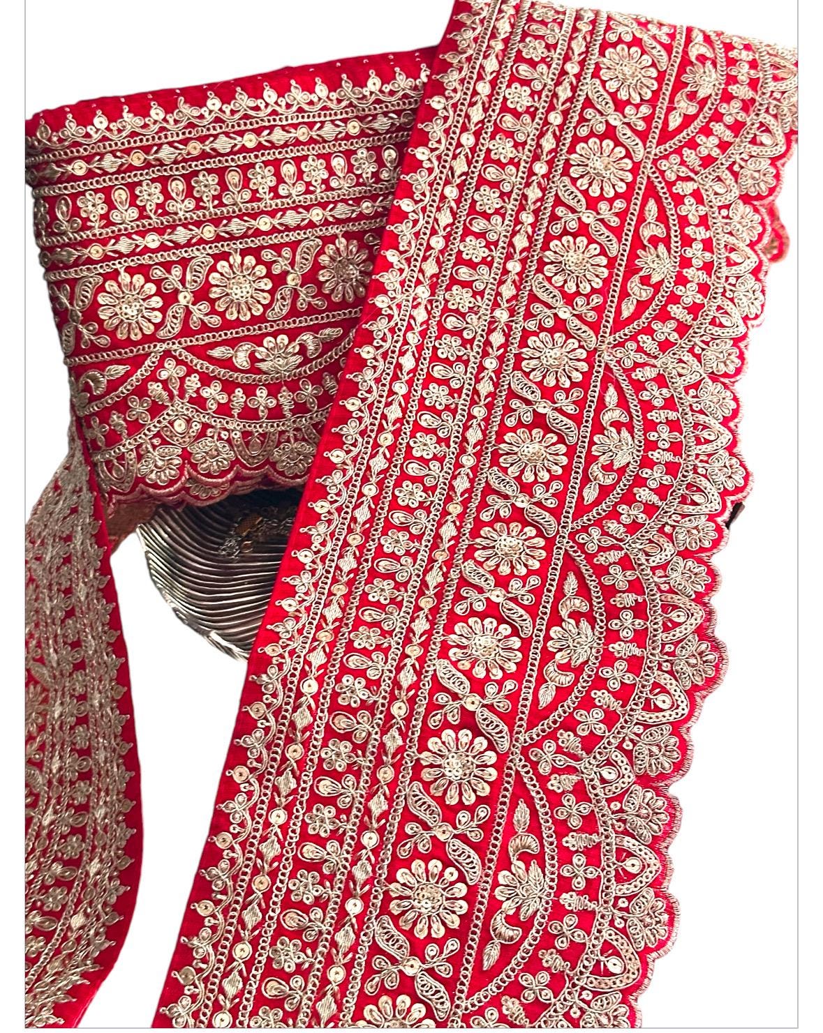 Red Zari Border Gold Hand Embroidered Indian Wedding Fabric Lace Sabyasachi Style