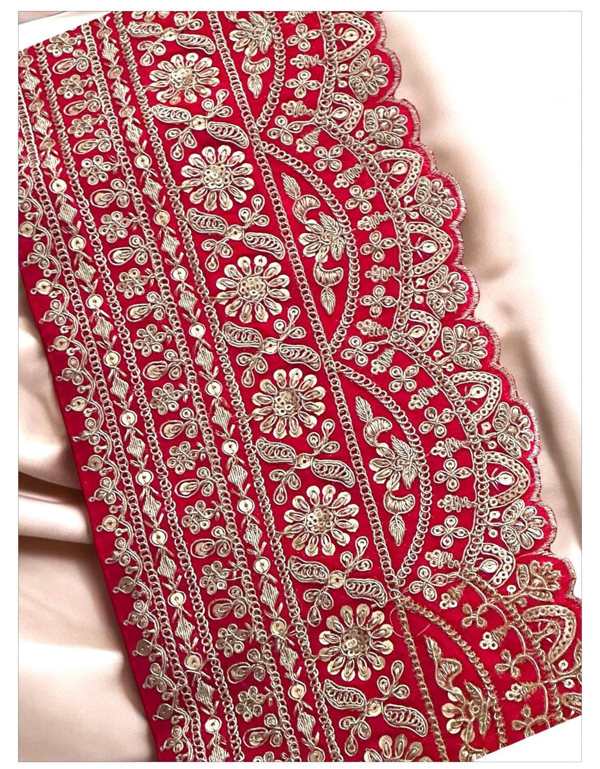 Red Zari Border Gold Hand Embroidered Indian Wedding Fabric Lace Sabyasachi Style