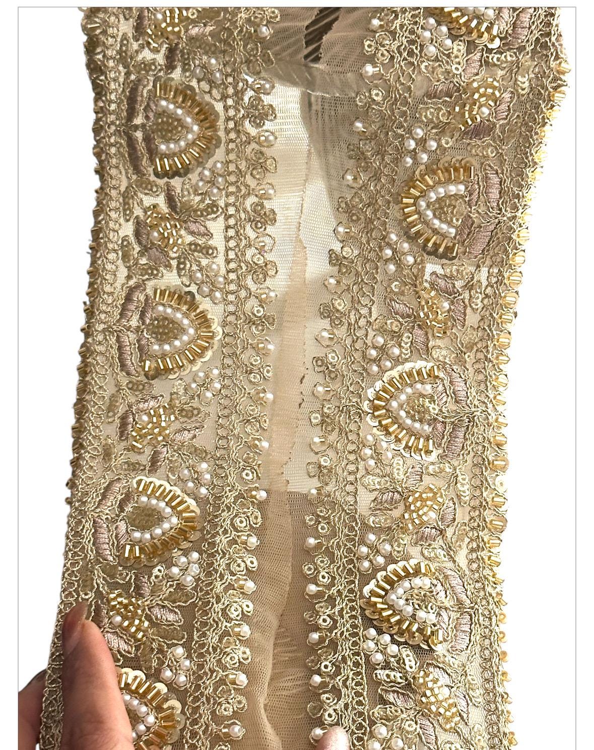 5cm Light Gold Zari Embellished Lace Glass Bead Pearl Embroidered Trim