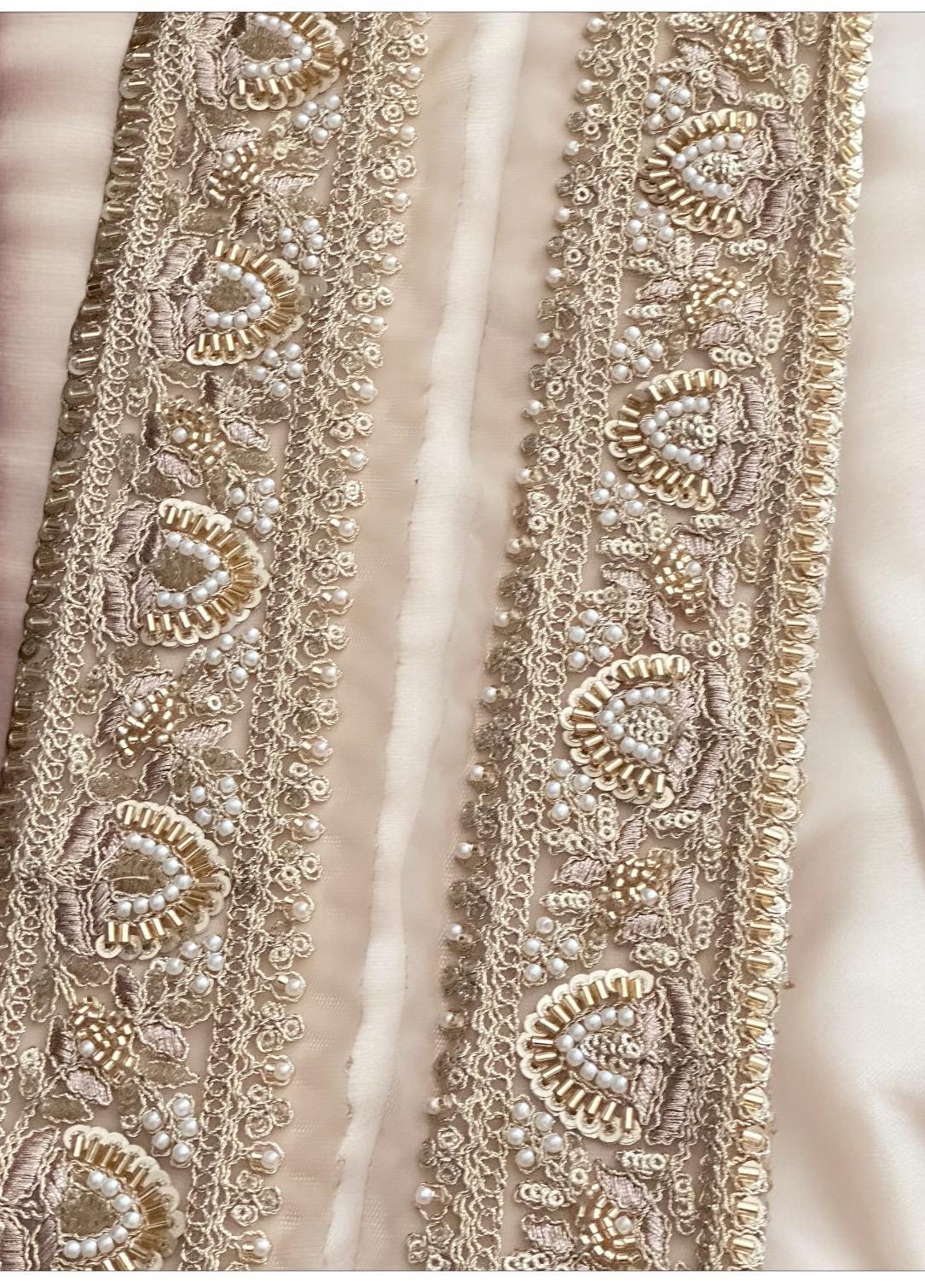 5cm Light Gold Zari Embellished Lace Glass Bead Pearl Embroidered Trim