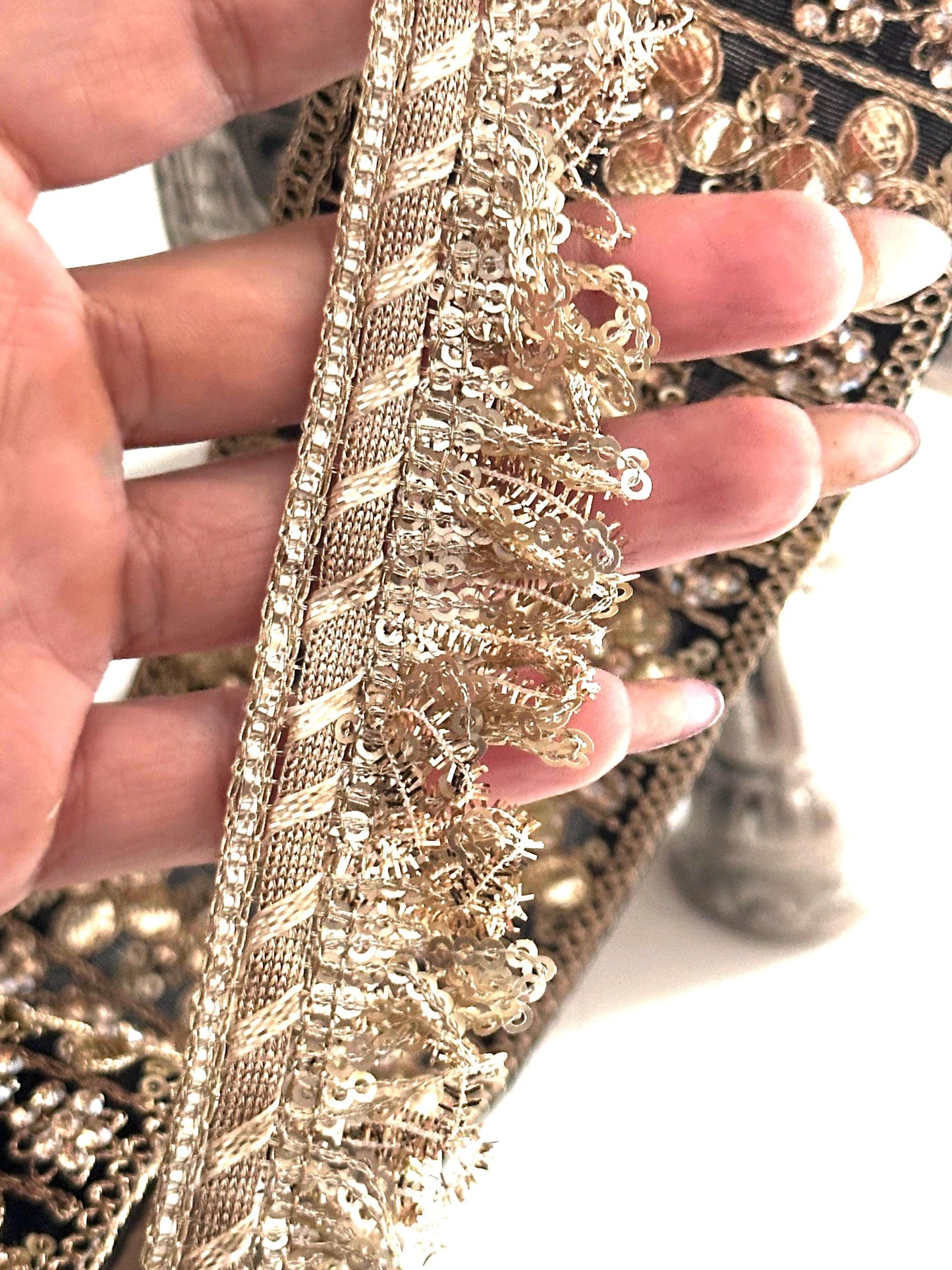 Gold Fringed Lace Trim Sequin Beaded Lace Crafting Ribbon Fringe Trim