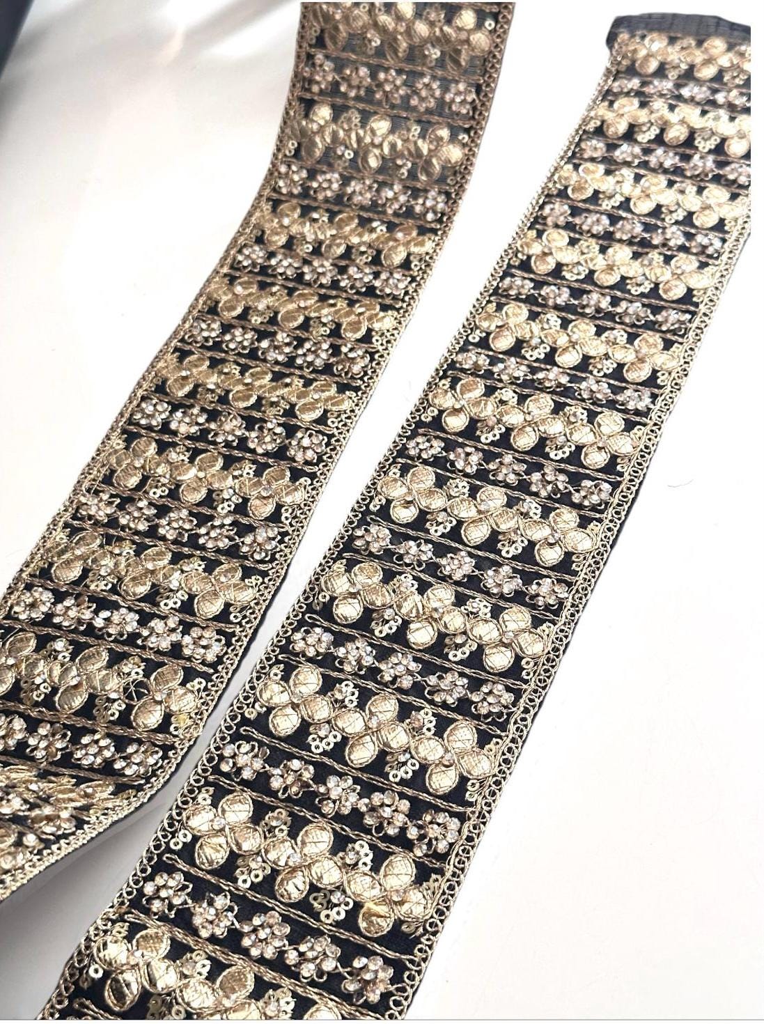 Black Floral Embroidered Zircon Lace Gota Crystal Indian Gypsy Lace