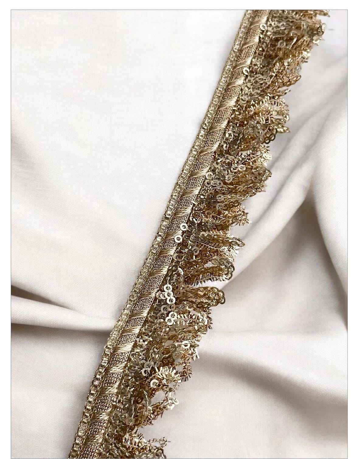 Gold Fringed Lace Trim Sequin Beaded Lace Crafting Ribbon Fringe Trim