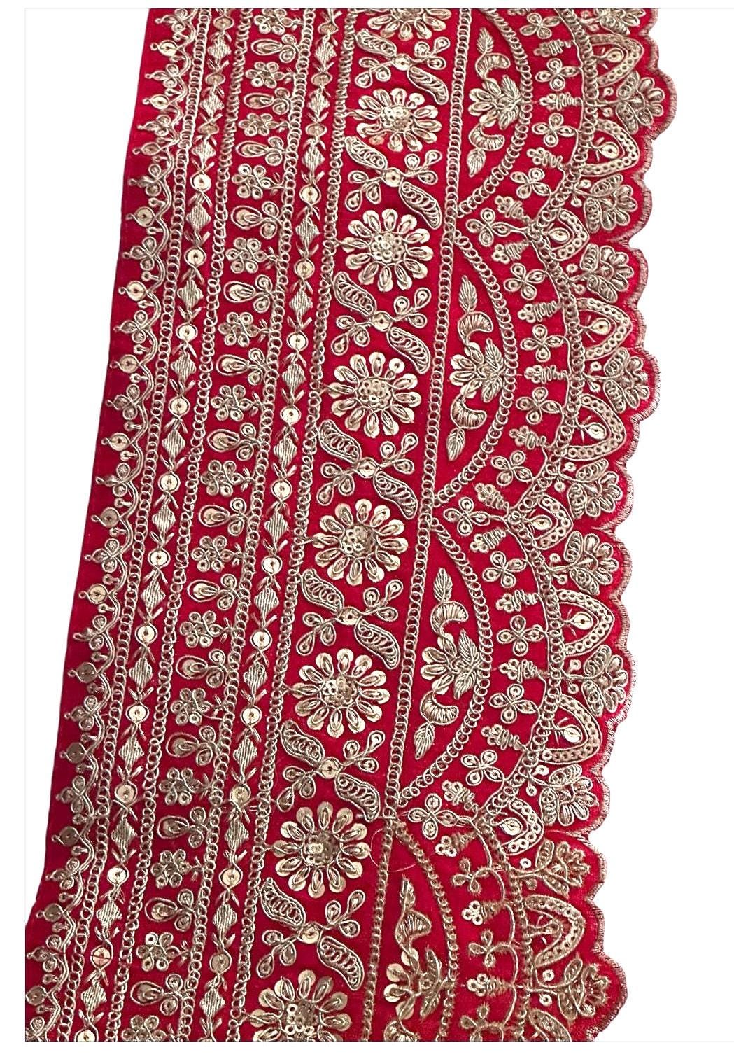 Red Zari Border Gold Hand Embroidered Indian Wedding Fabric Lace Sabyasachi Style