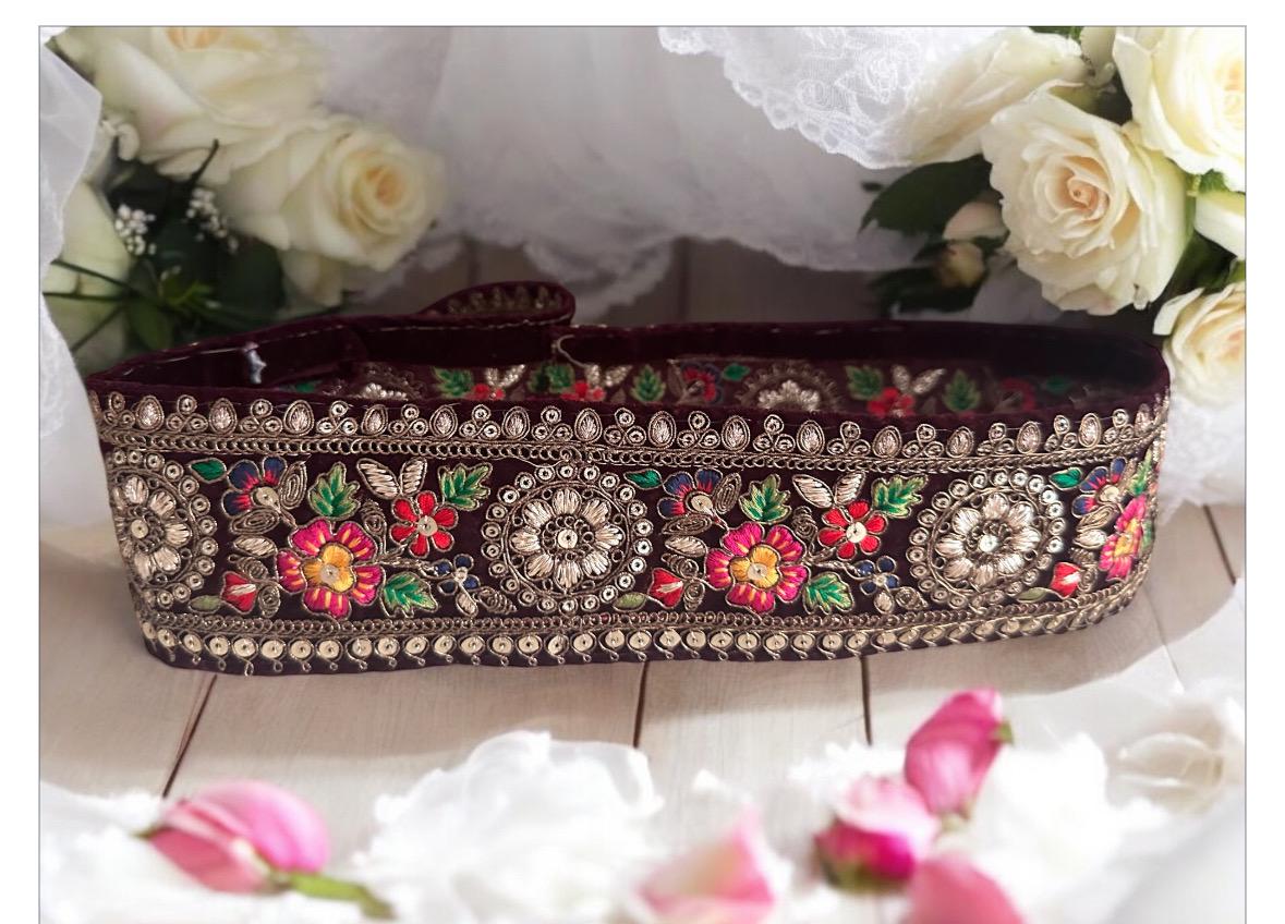 Victorian-style velvet fabric with intricate lace trim, handmade and perfect for couture fashion, home decor, costume design, wedding gowns, sashes, or crafting.