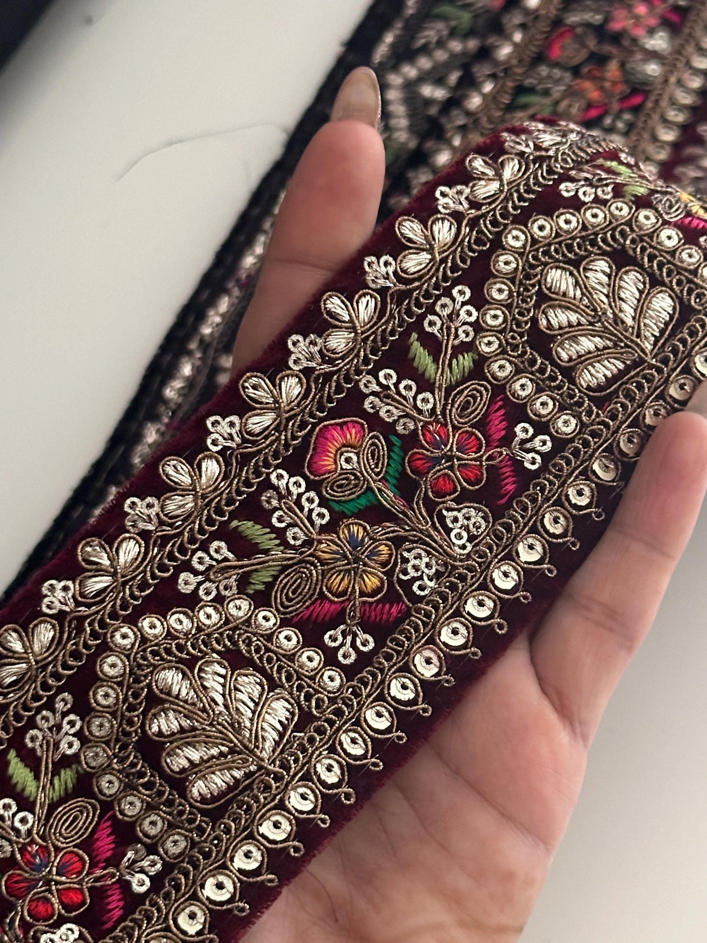 Velvet Border Indian Embroidery Vibrant Lace Trim HandMade for Wedding Dress Home Dรฉcor