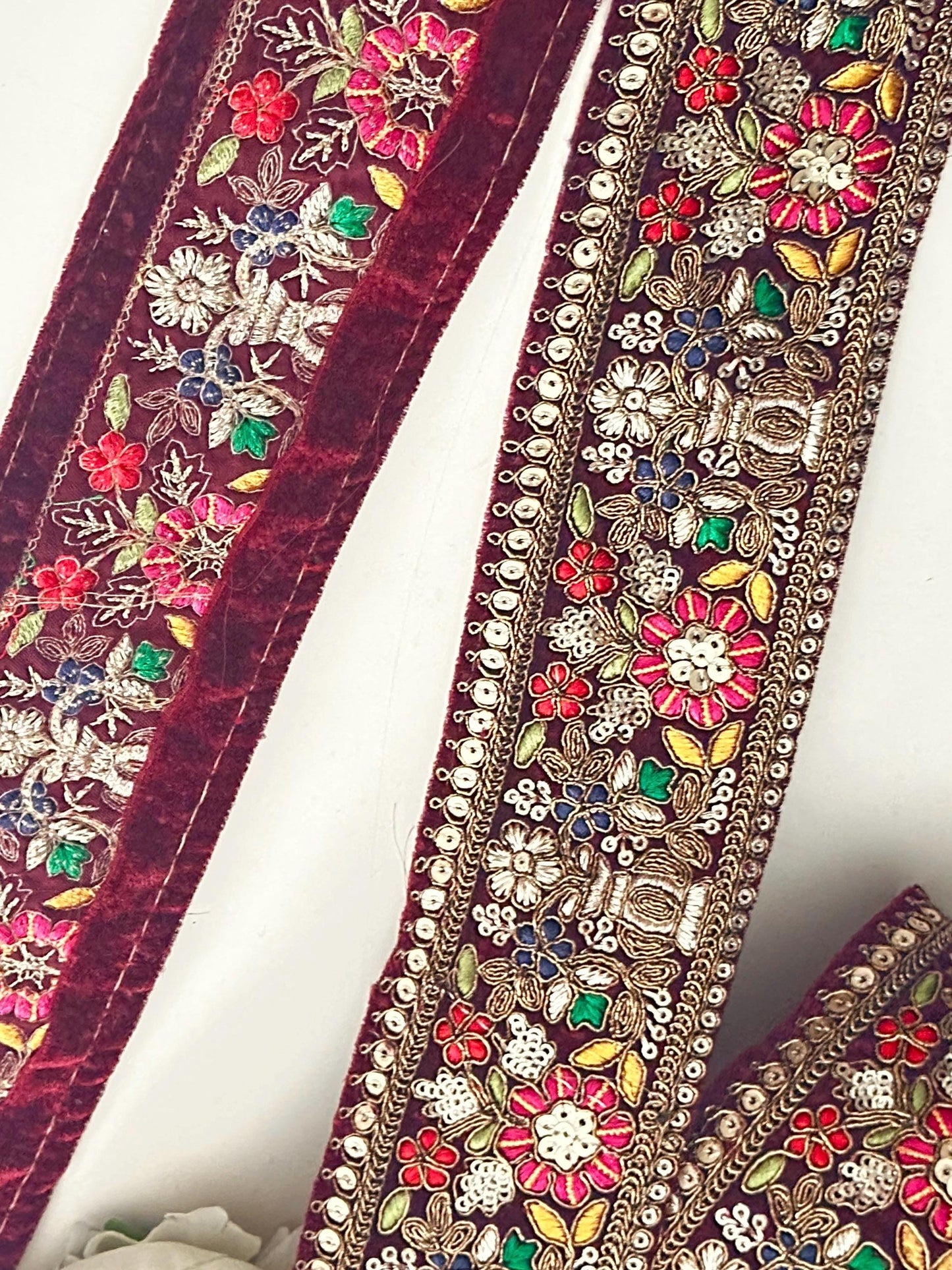 Maroon Gold Flower Pattern Embellished Trim Indian Embroidery Bridal Sari Border