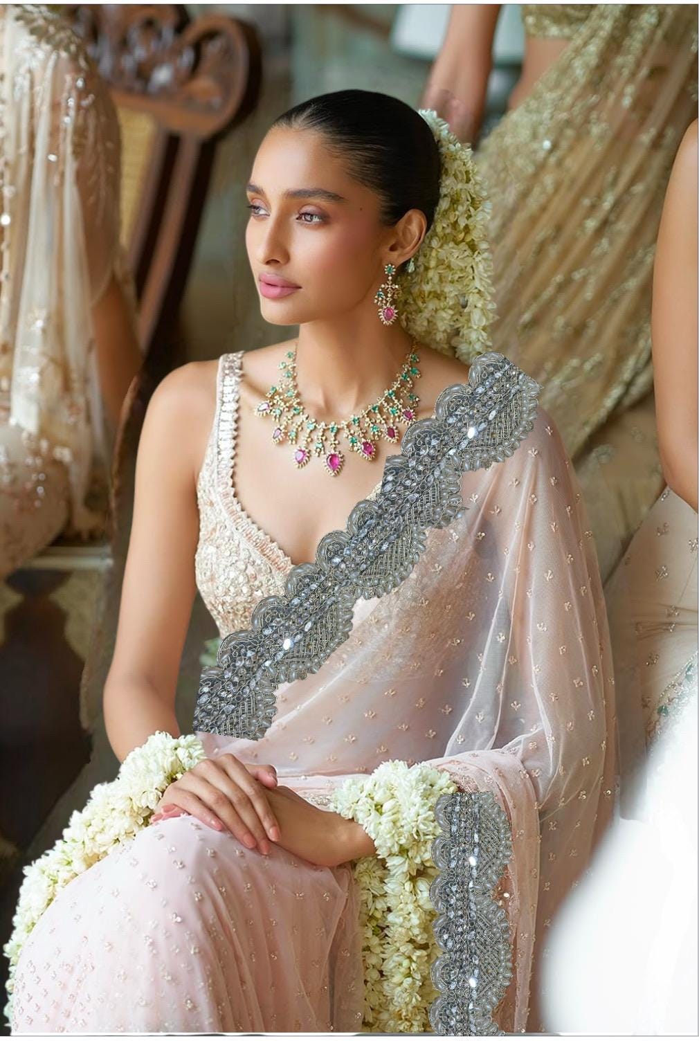 Gold Indian Trim Pearl Work Lace Embellish Handmade Bridal Veil and Dress Trim