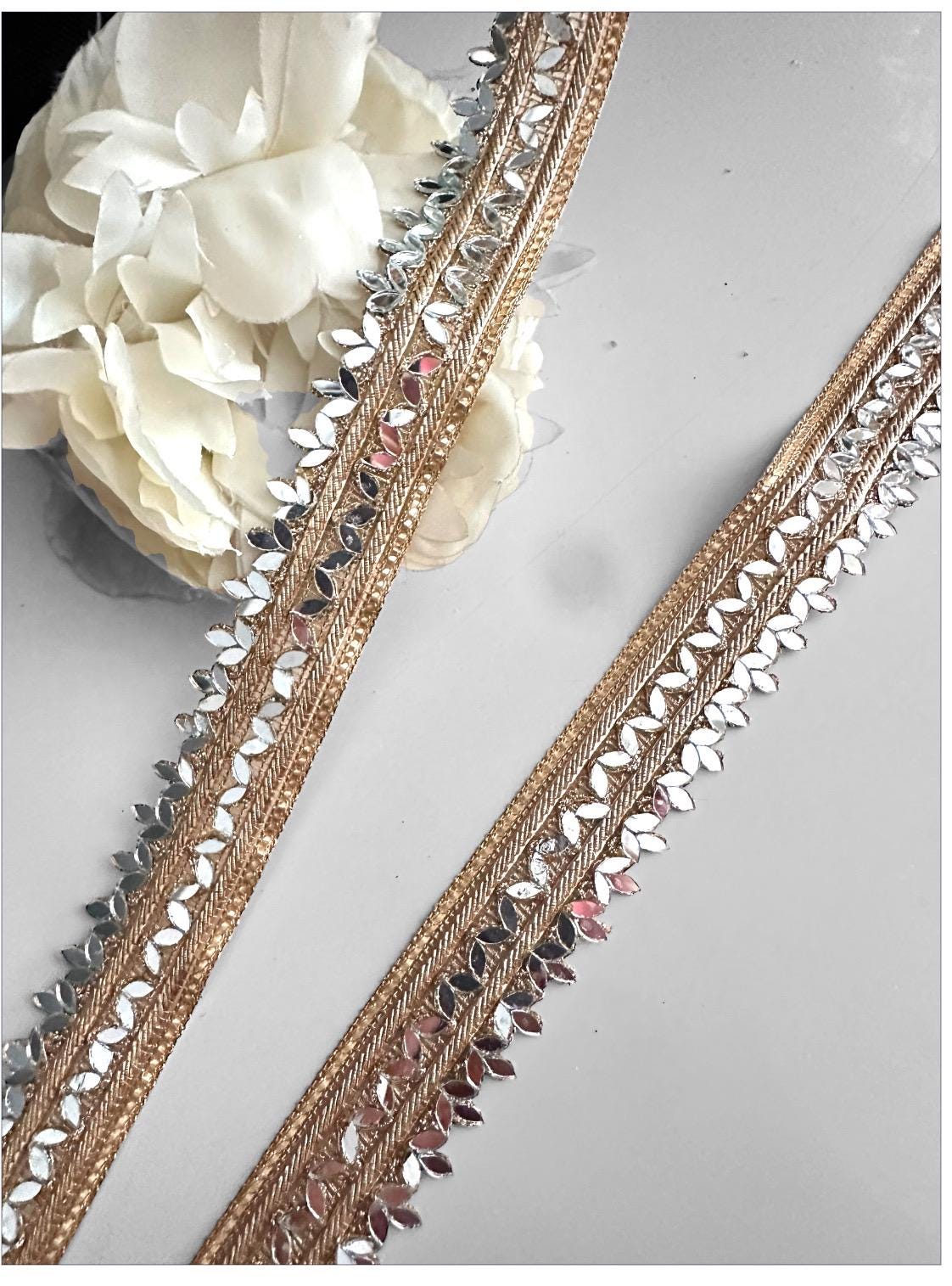 Border Mirror Work trim Embroidered Belt Antique Gold Trim For Choker Kaftan saree Suit