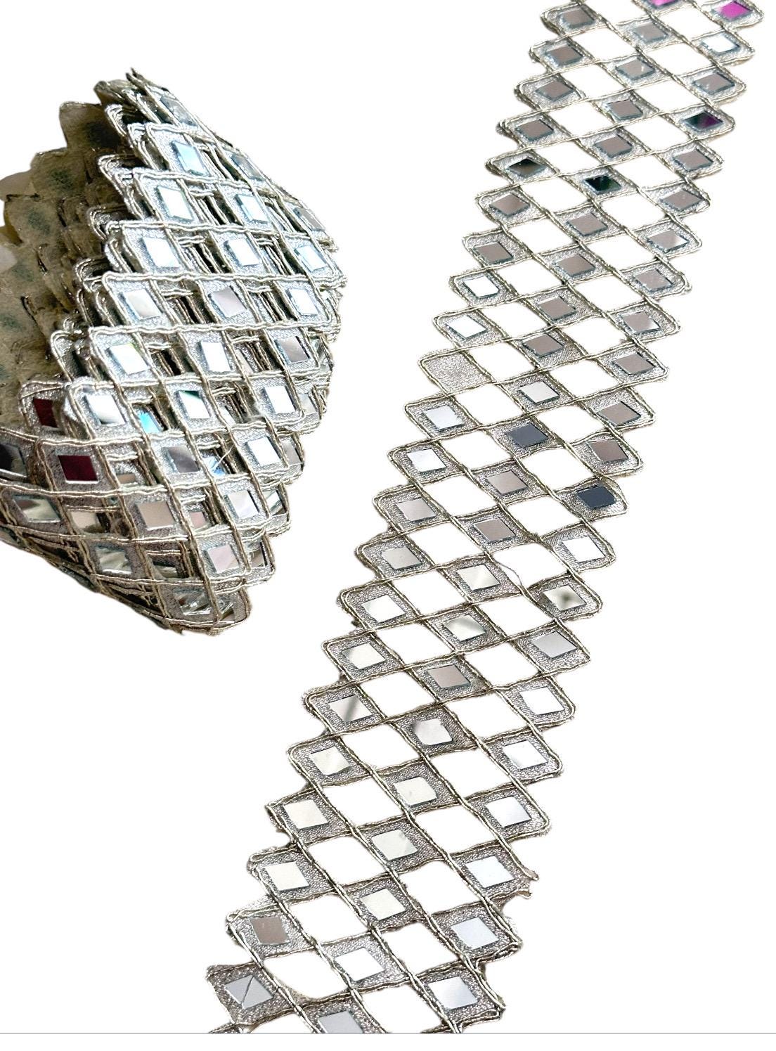Indian Belt Hand Crafted 3 Line Silver Mirror Border Geometric Pattern Trim