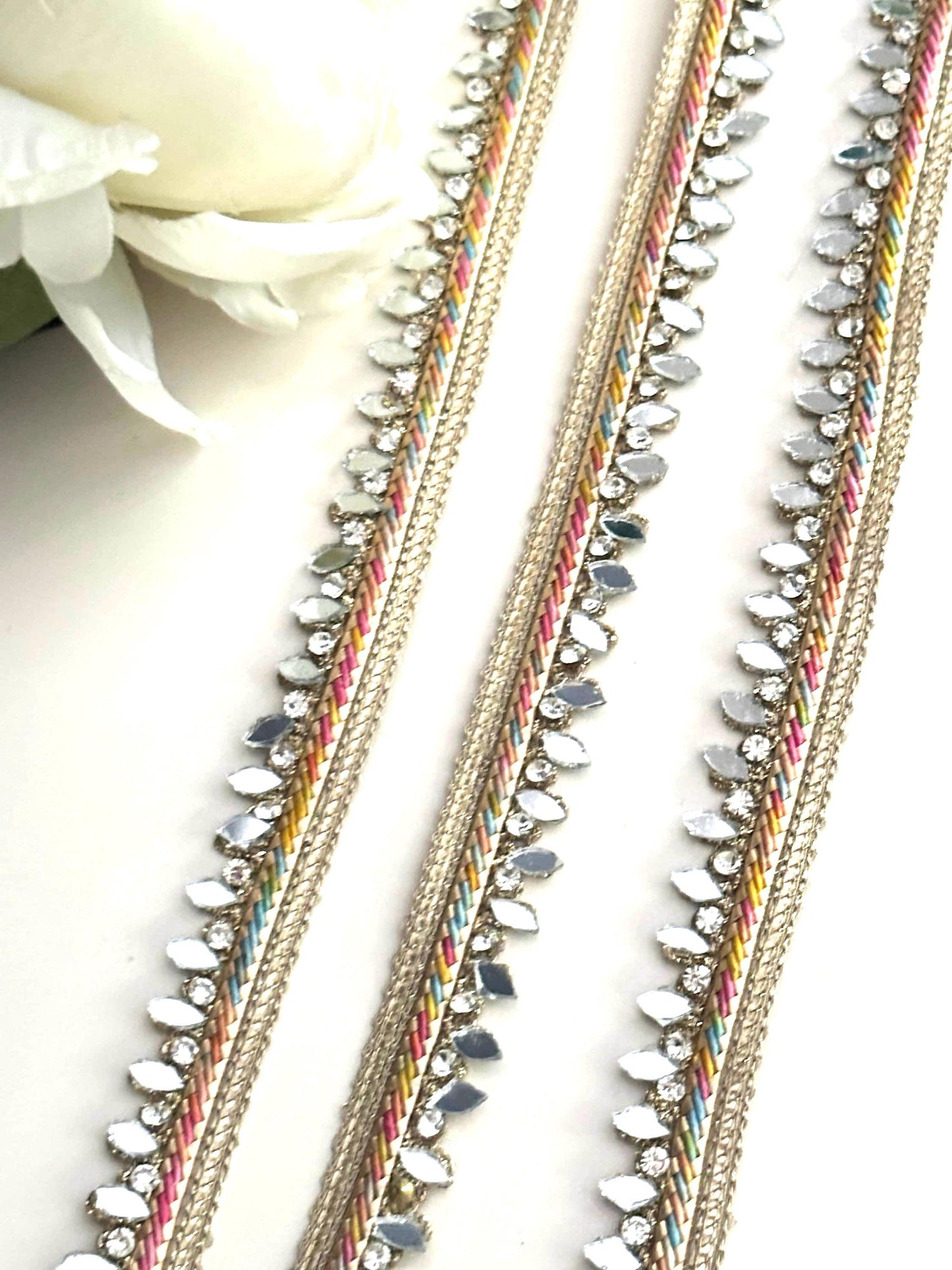 9mtr Lovely Multicolour Narrow Trim with Mirror & Crystal Rhinestone Dupatta Saree Border Lace