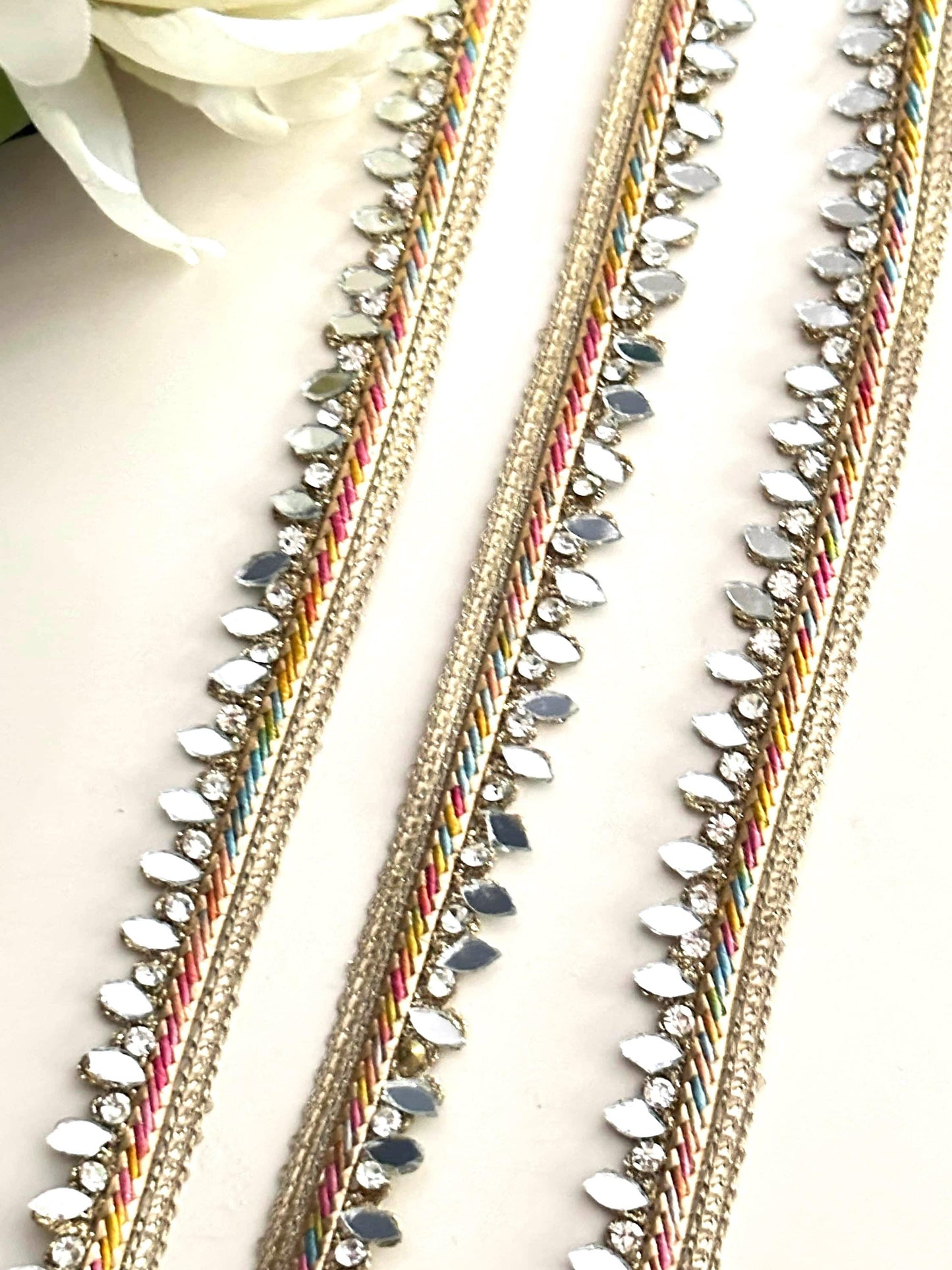 9mtr Lovely Multicolour Narrow Trim with Mirror & Crystal Rhinestone Dupatta Saree Border Lace