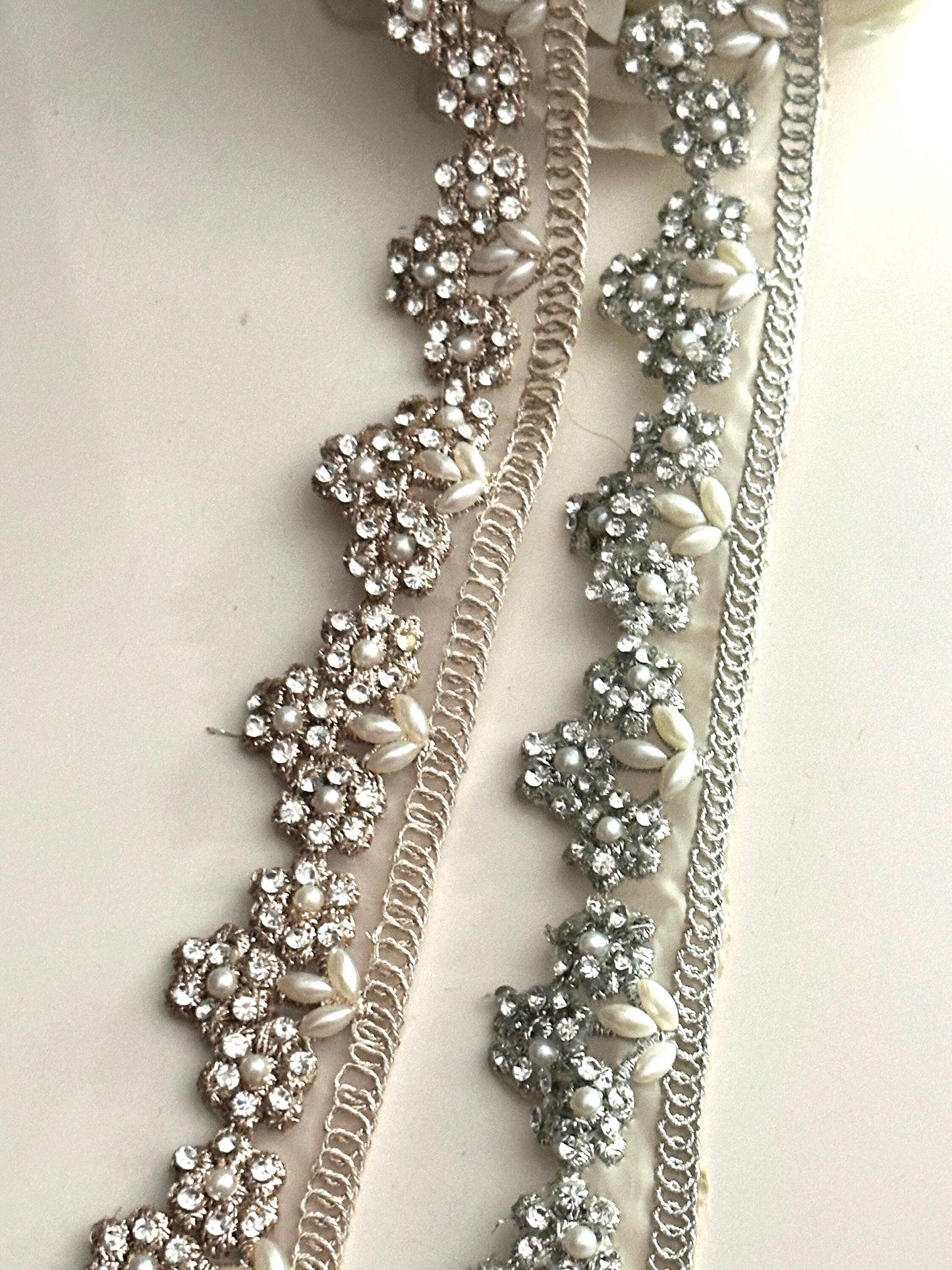 Pearl zircon embellished Indian Embroidered Lace trim ribbon 3cm Edging trim