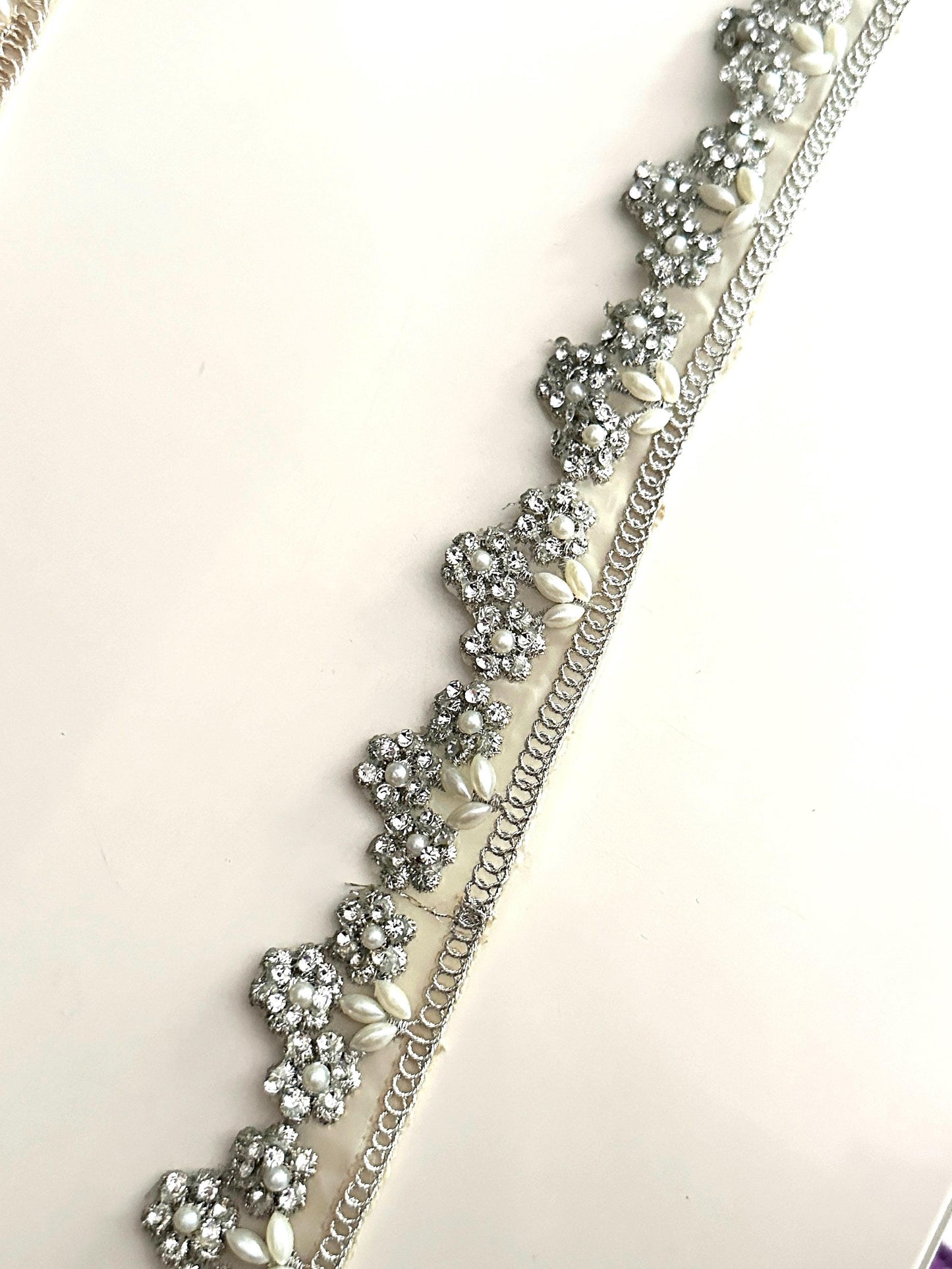 Pearl zircon embellished Indian Embroidered Lace trim ribbon 3cm Edging trim