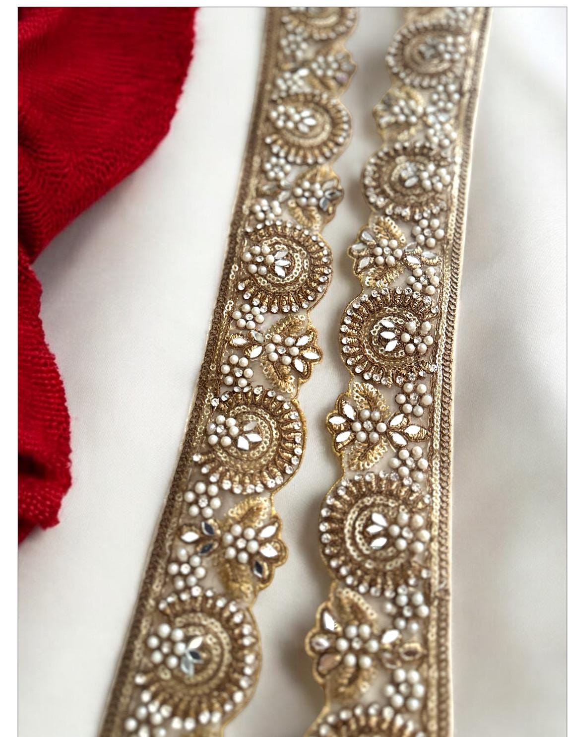 Handmade Wedding Bridal Veil Lace Zircon Pearl Mirror Highlighted Sash