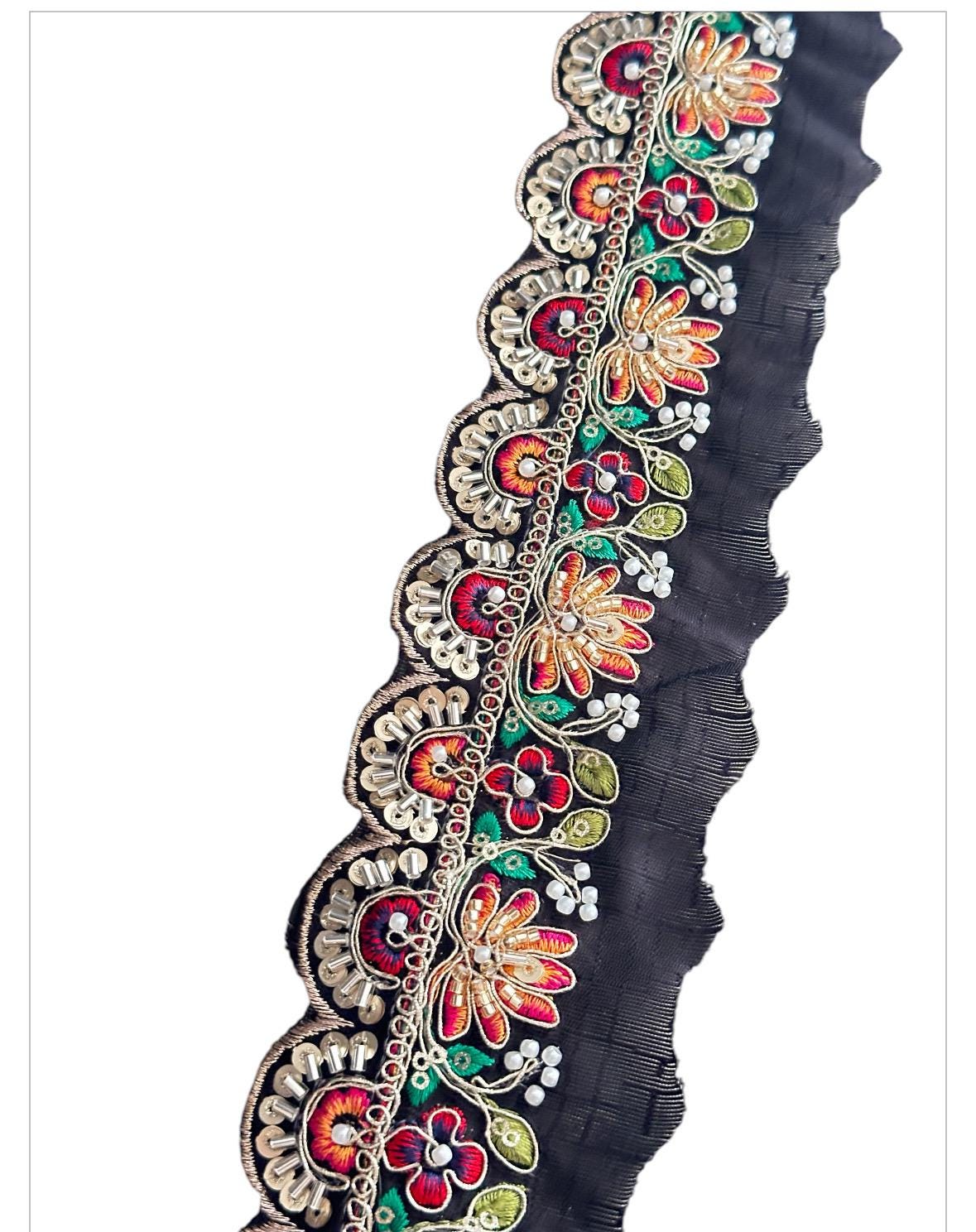 Vibrant Colorful Pearl Thread Embroidery Lace Floral Design Bridal Veil Edging Lace