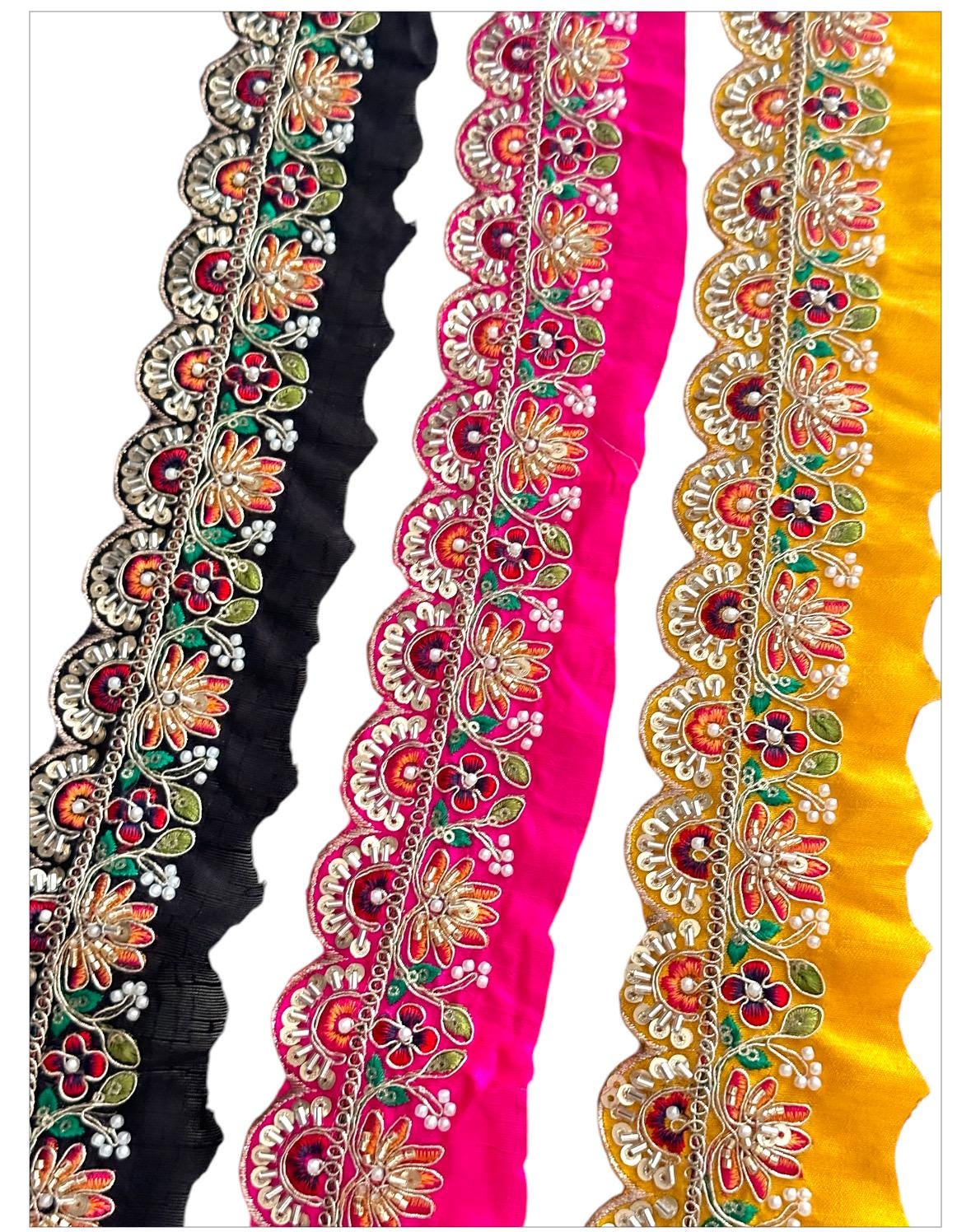 Vibrant Colorful Pearl Thread Embroidery Lace Floral Design Bridal Veil Edging Lace