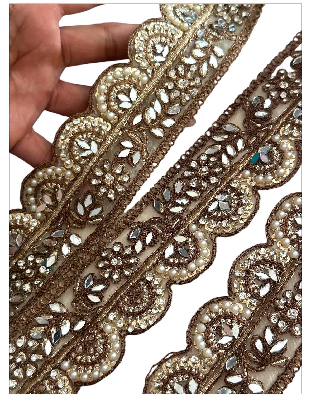 Gold Metallic Thread Embroidered Bridal Lace Pearl & Mirror Decorative Crafting Trim