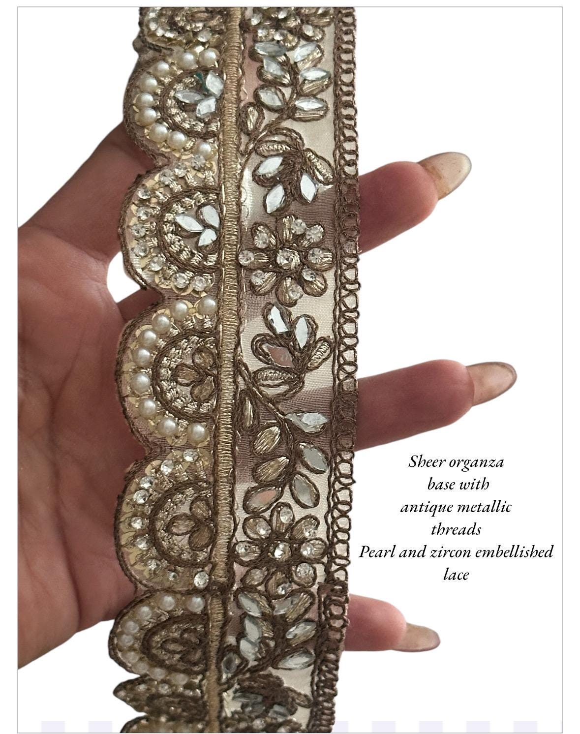 Gold Metallic Thread Embroidered Bridal Lace Pearl & Mirror Decorative Crafting Trim