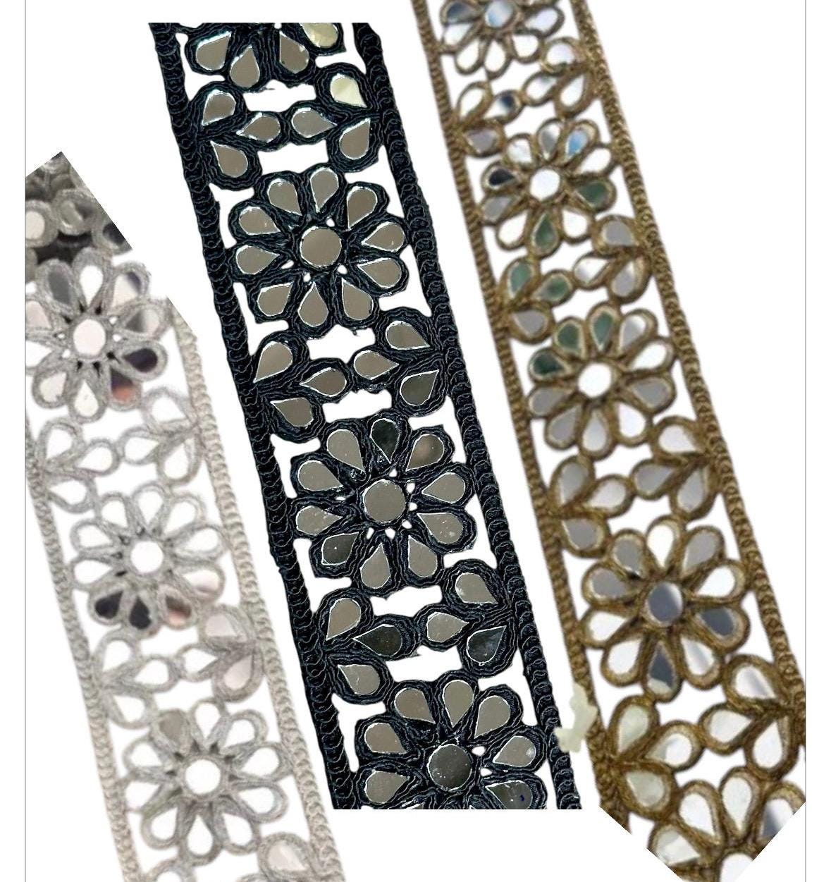 4.5cm Indian Mirror Black Gothic Flower Pattern Trim saree Border Indian Bollywood Mirror Lace