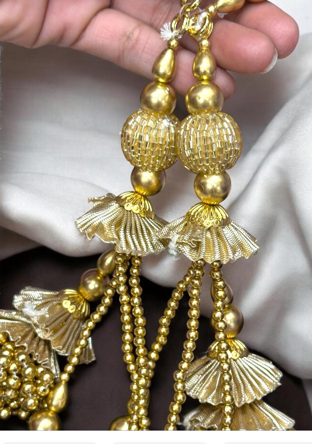 Metallic Gold Pearl Bead Long Hanging Tassel Indian Bridal Gown Lehanga Accessory