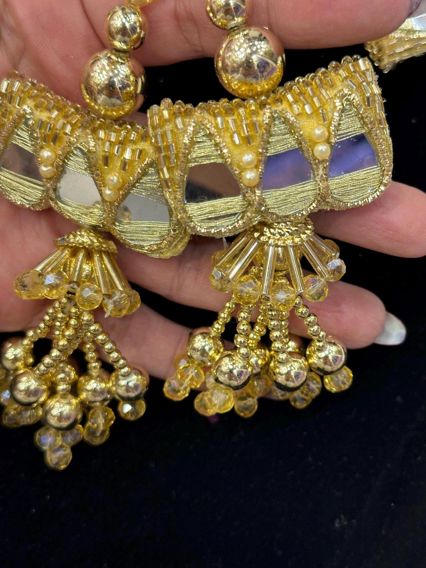 Gold Mirror Work Tassel Trim Crystal Embroidery Decorative Tassel Hanging