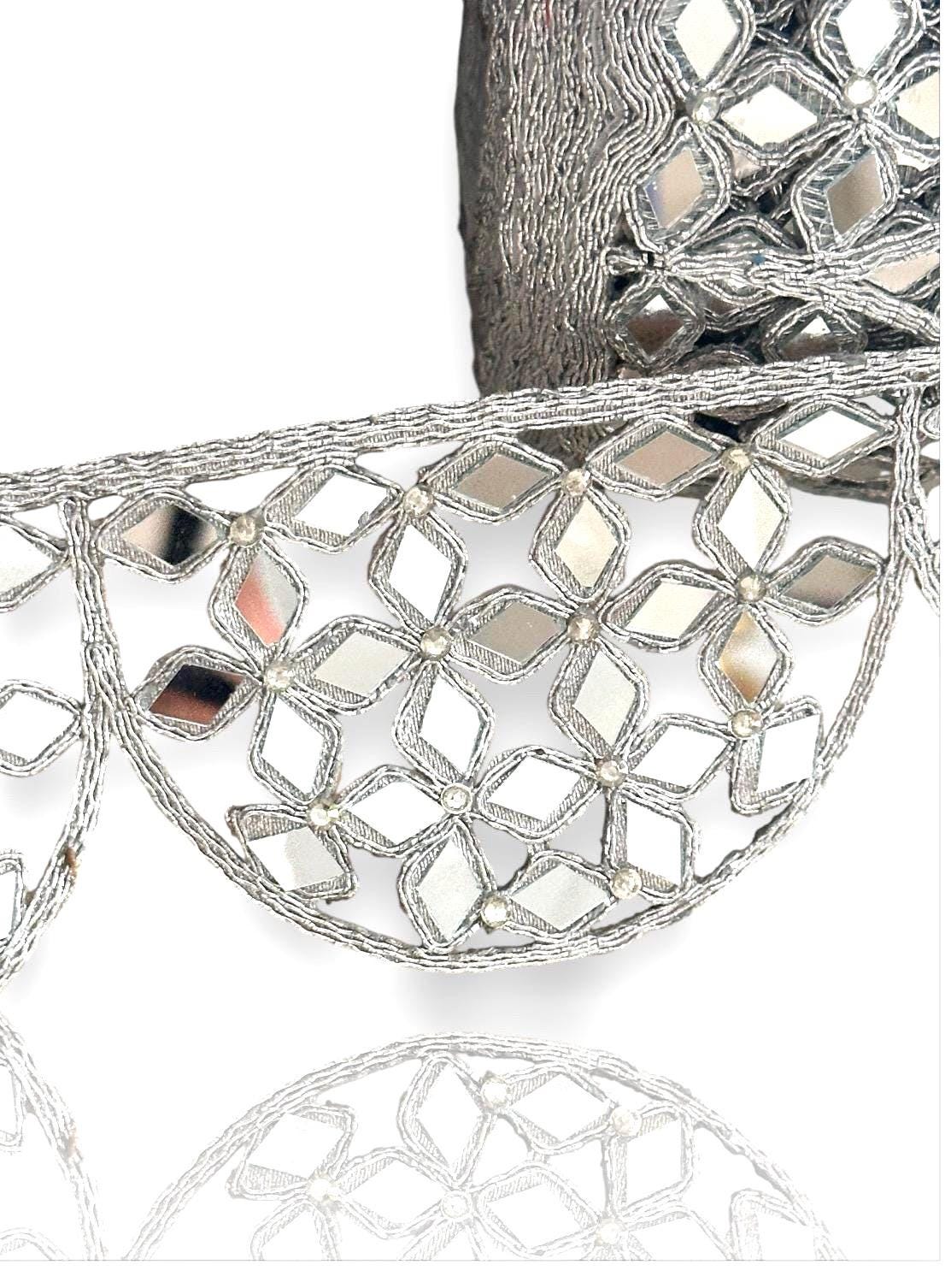 Mirror Work Border 7cm Silver Scalloped Hand Crafted festive Zari Border