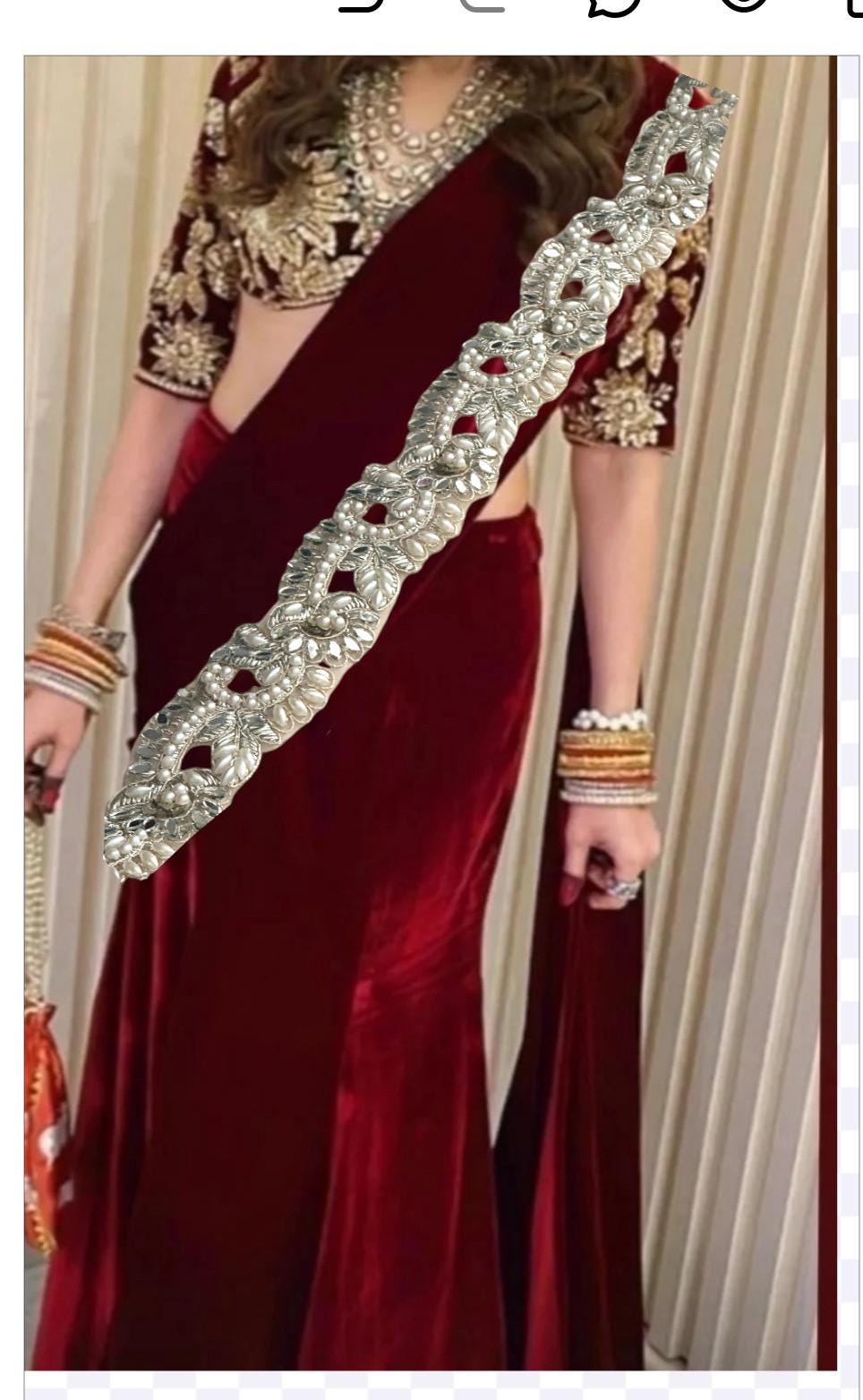 Pearl Crystal Embellished Light Gold Wedding Lace Indian Symmetric Bridal Veil Trim