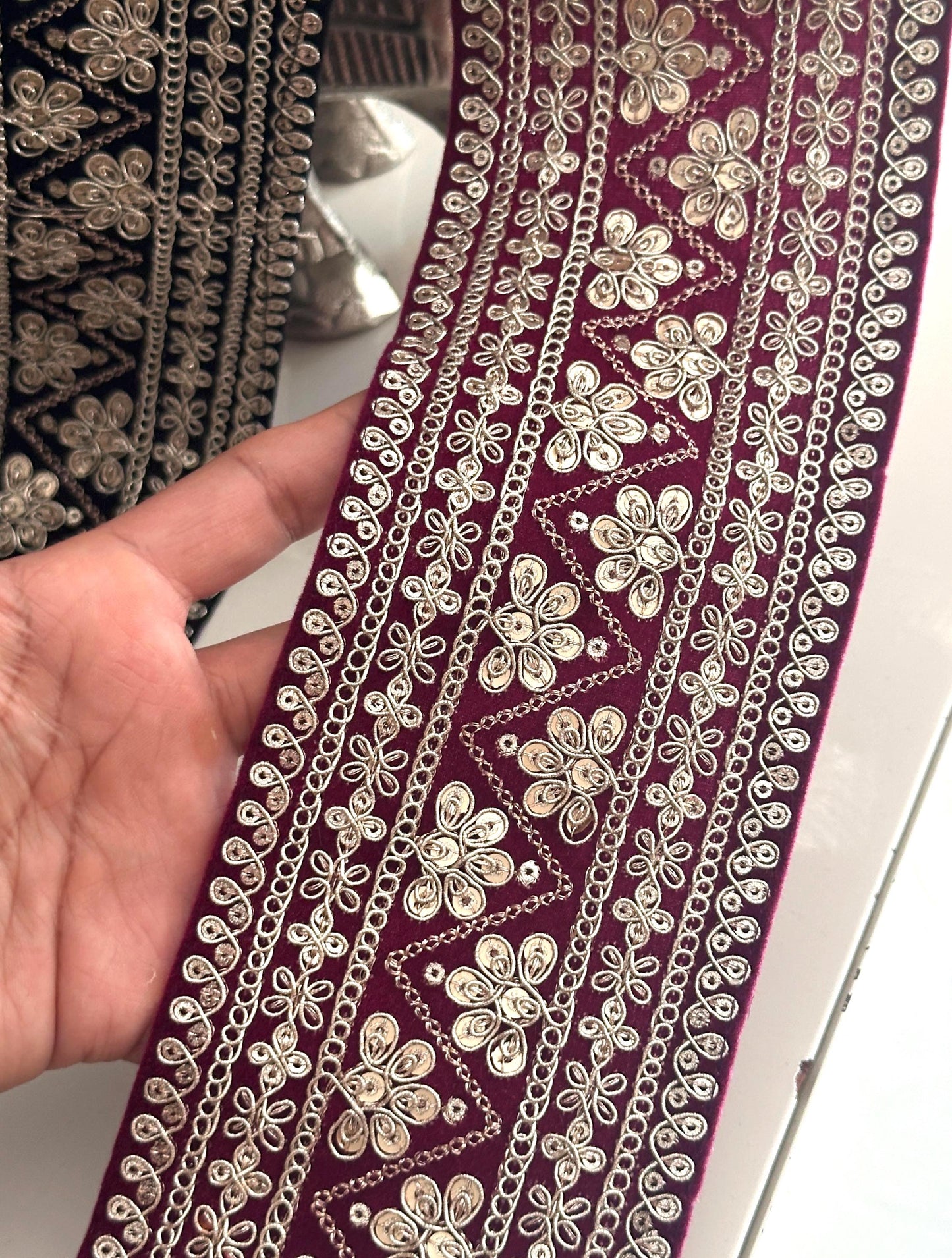 Black Wine Fabric Lace Sequin Embellished Gold Zari Embroidered Indian Bridal Gown Trim