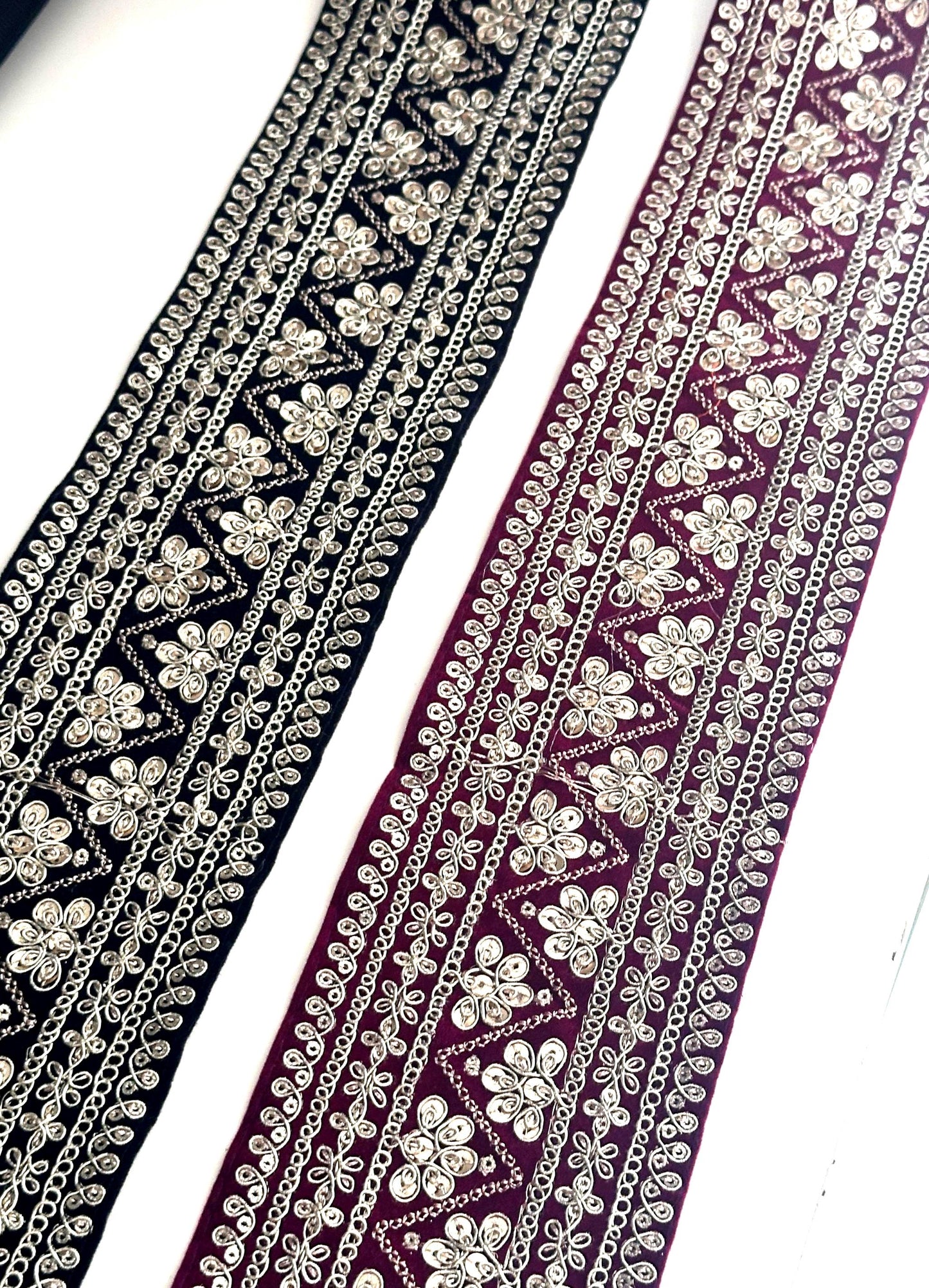 Black Wine Fabric Lace Sequin Embellished Gold Zari Embroidered Indian Bridal Gown Trim