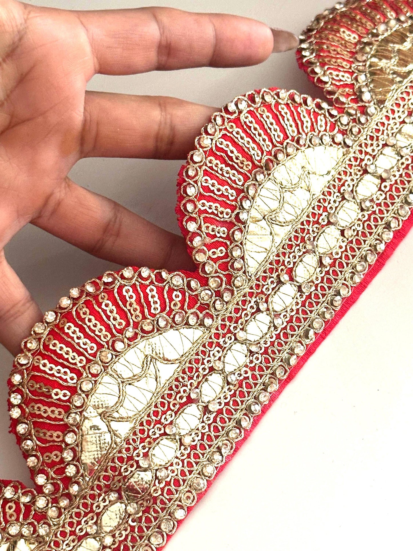 Red Embroidered Gota Patti Fabric Trim Traditional Indian dance Costume Border