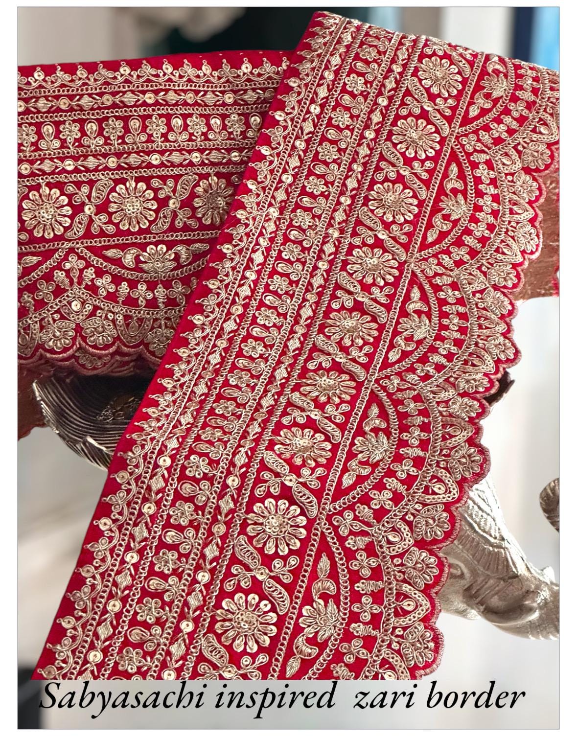 Red Zari Border Gold Hand Embroidered Indian Wedding Fabric Lace Sabyasachi Style