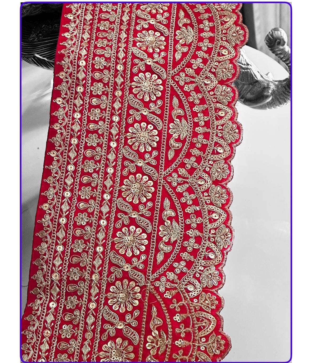 Red Zari Border Gold Hand Embroidered Indian Wedding Fabric Lace Sabyasachi Style