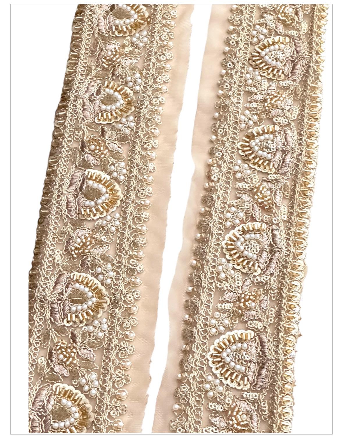 5cm Light Gold Zari Embellished Lace Glass Bead Pearl Embroidered Trim