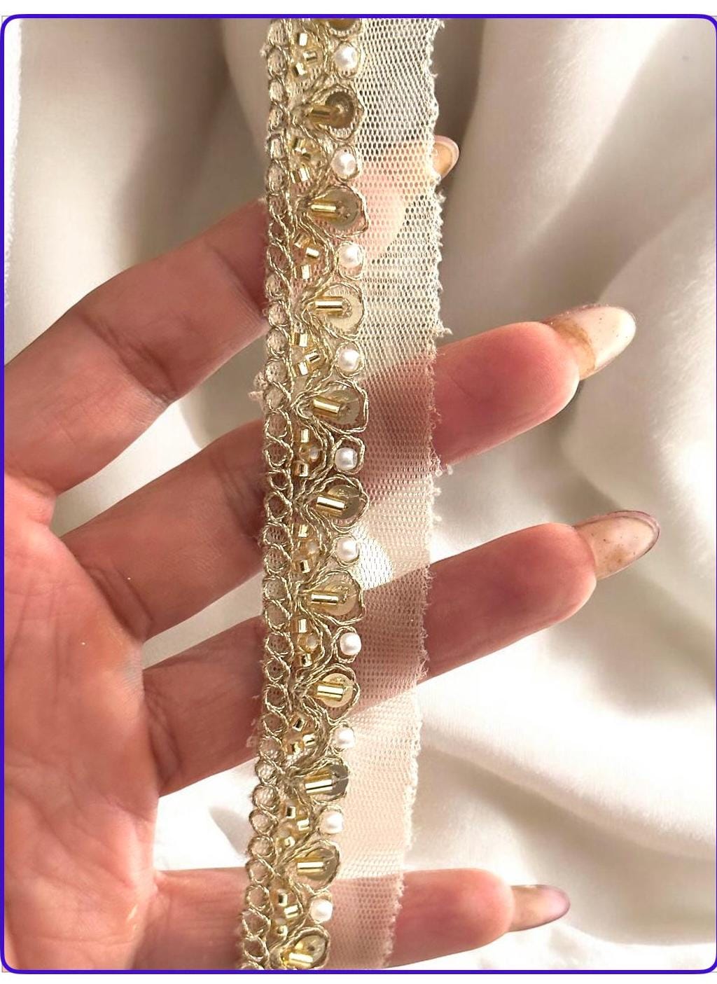 5cm Light Gold Zari Embellished Lace Glass Bead Pearl Embroidered Trim