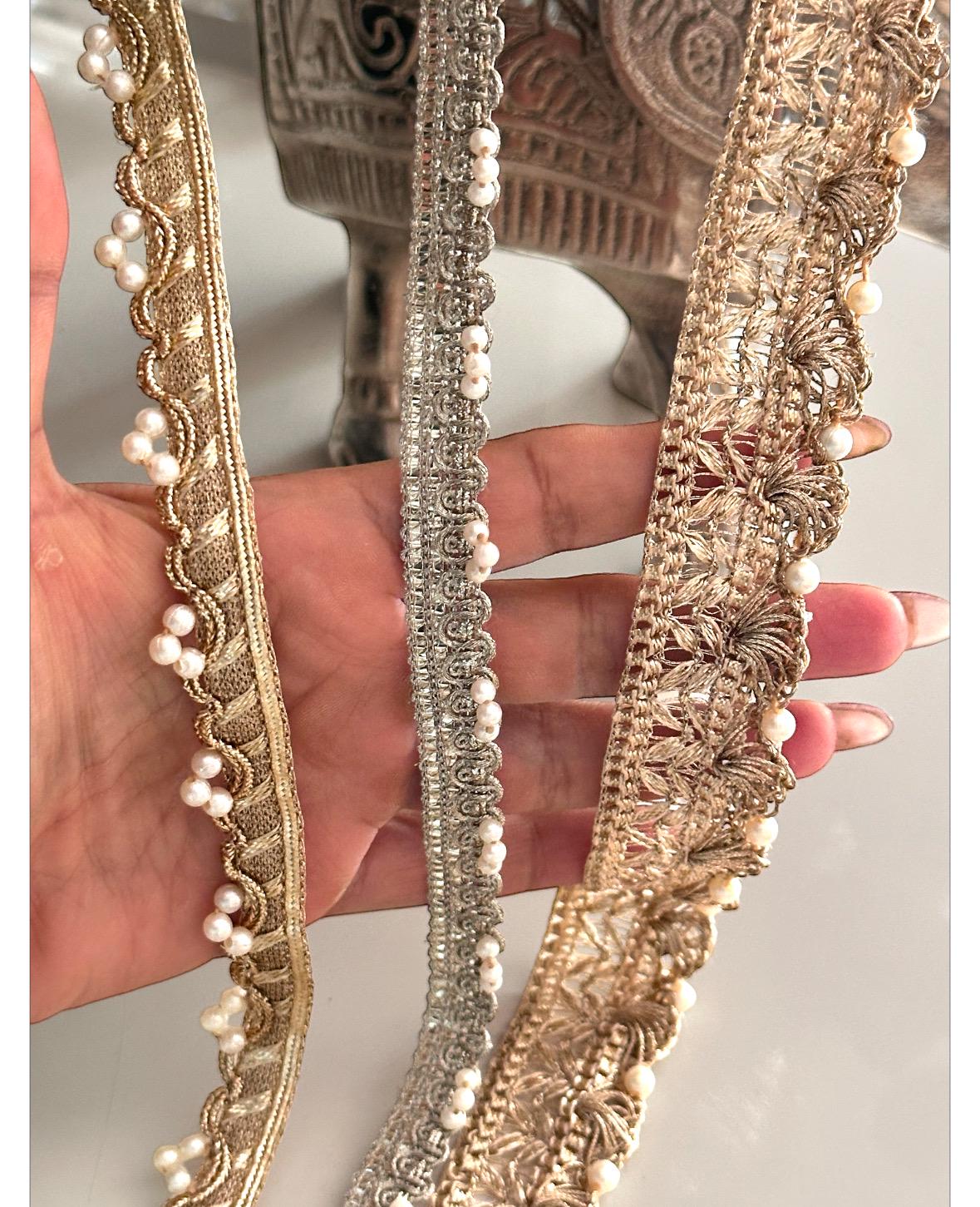 Pearl Embellished Thread Work Crafting Lace Trim perfect for fashion projects