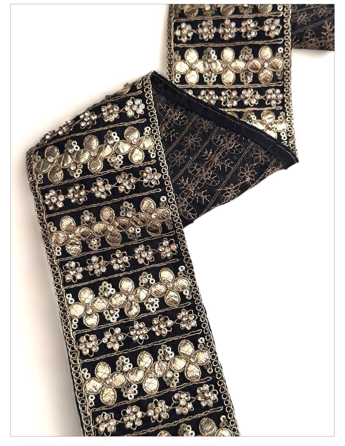 Black Floral Embroidered Zircon Lace Gota Crystal Indian Gypsy Lace