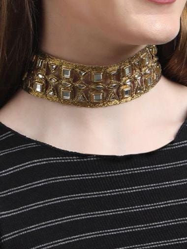 Gift Set Glass Resin Waist Belt Fabric Choker Necklace Combo Pendant Gold Lace NeckCollar