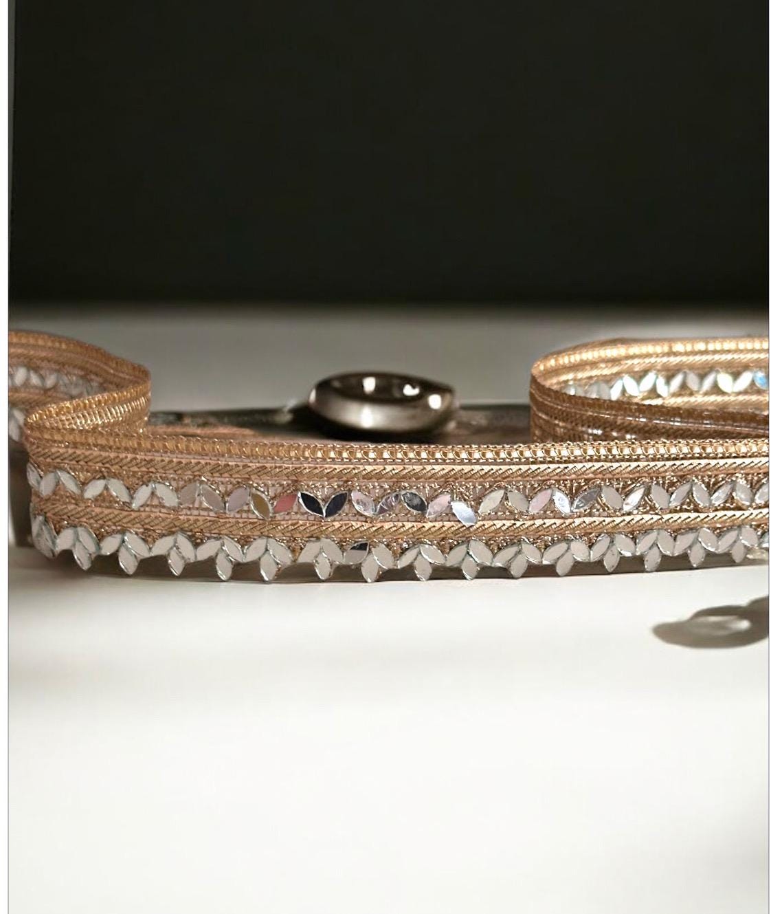 Border Mirror Work trim Embroidered Belt Antique Gold Trim For Choker Kaftan saree Suit