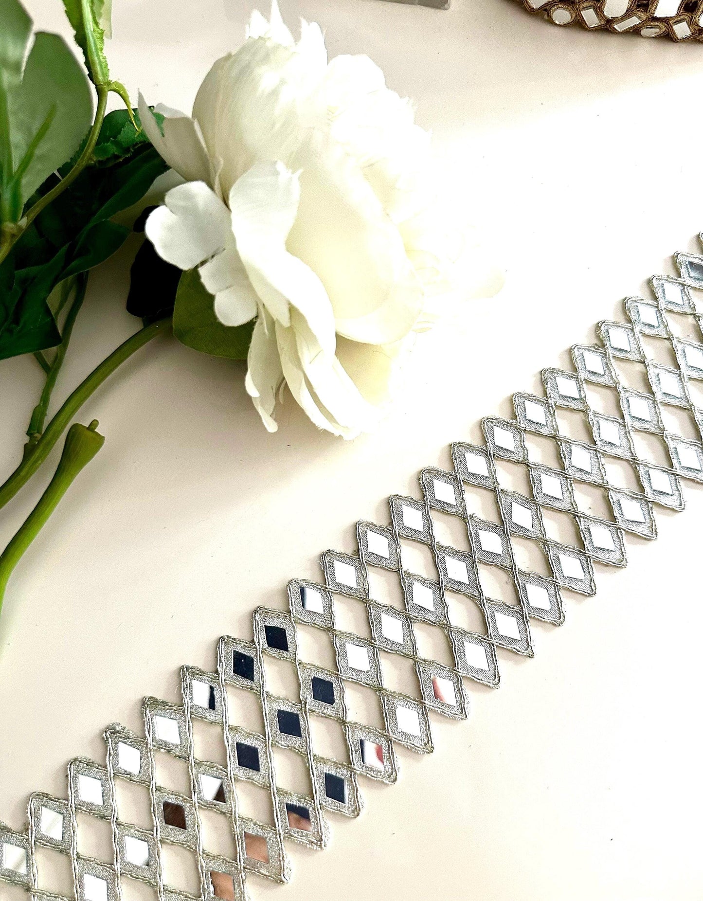 Indian Belt Hand Crafted 3 Line Silver Mirror Border Geometric Pattern Trim