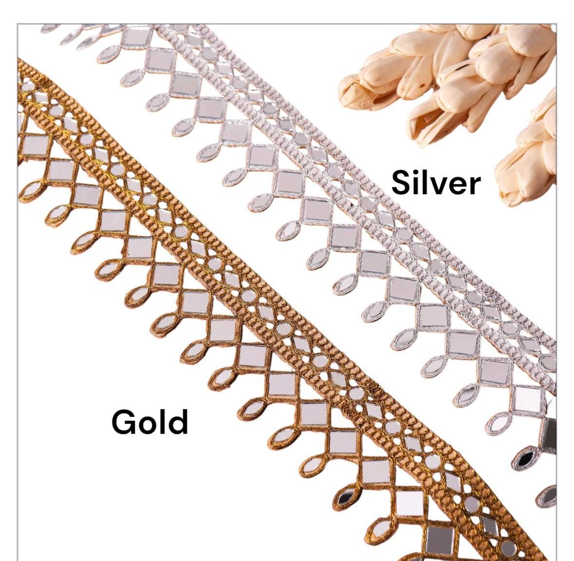 Gold Mirror Fabric Lace Embellished Indian Trim DIY Jewelry Lace Costume Trim