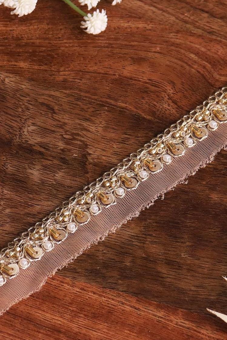 Light Gold Metallic Lace Sequin Glass Bead Pearl Work Handmade