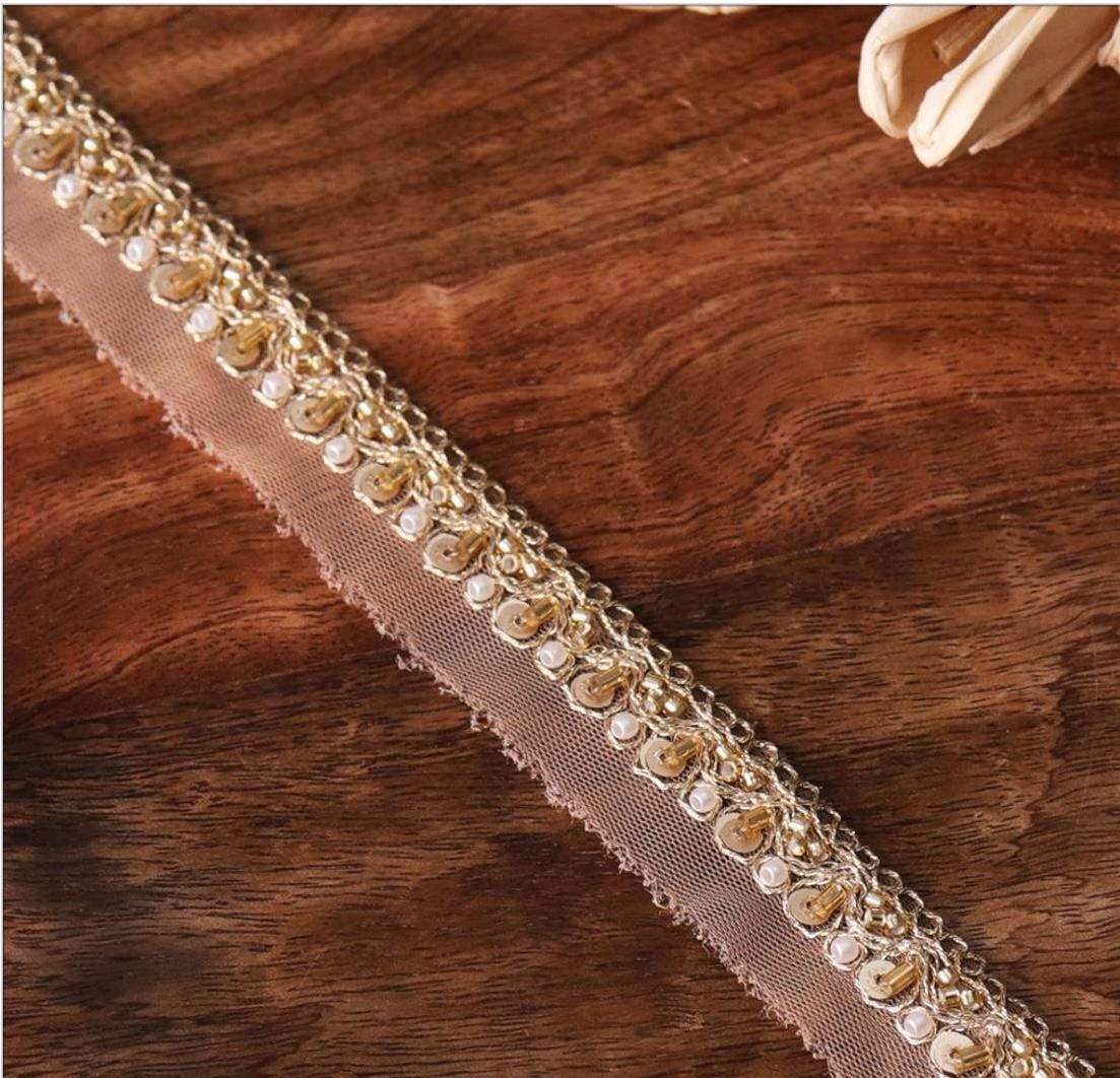 Light Gold Metallic Lace Sequin Glass Bead Pearl Work Handmade