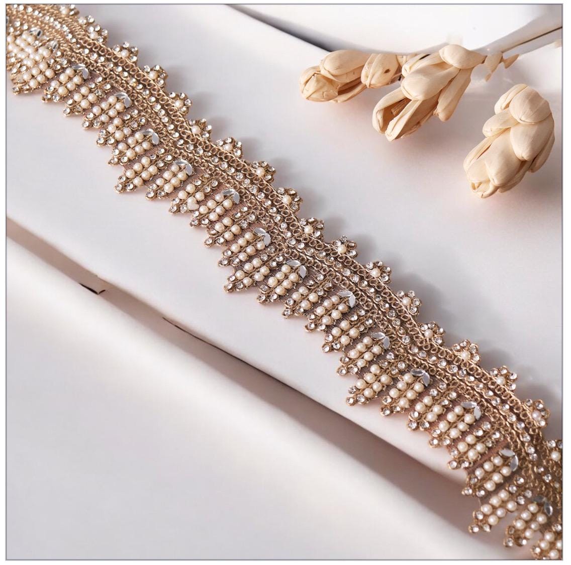 Exquisite Beaded Lace Pearl Zircon Scalloped Embroidery Lace For Bridal Veil Sash
