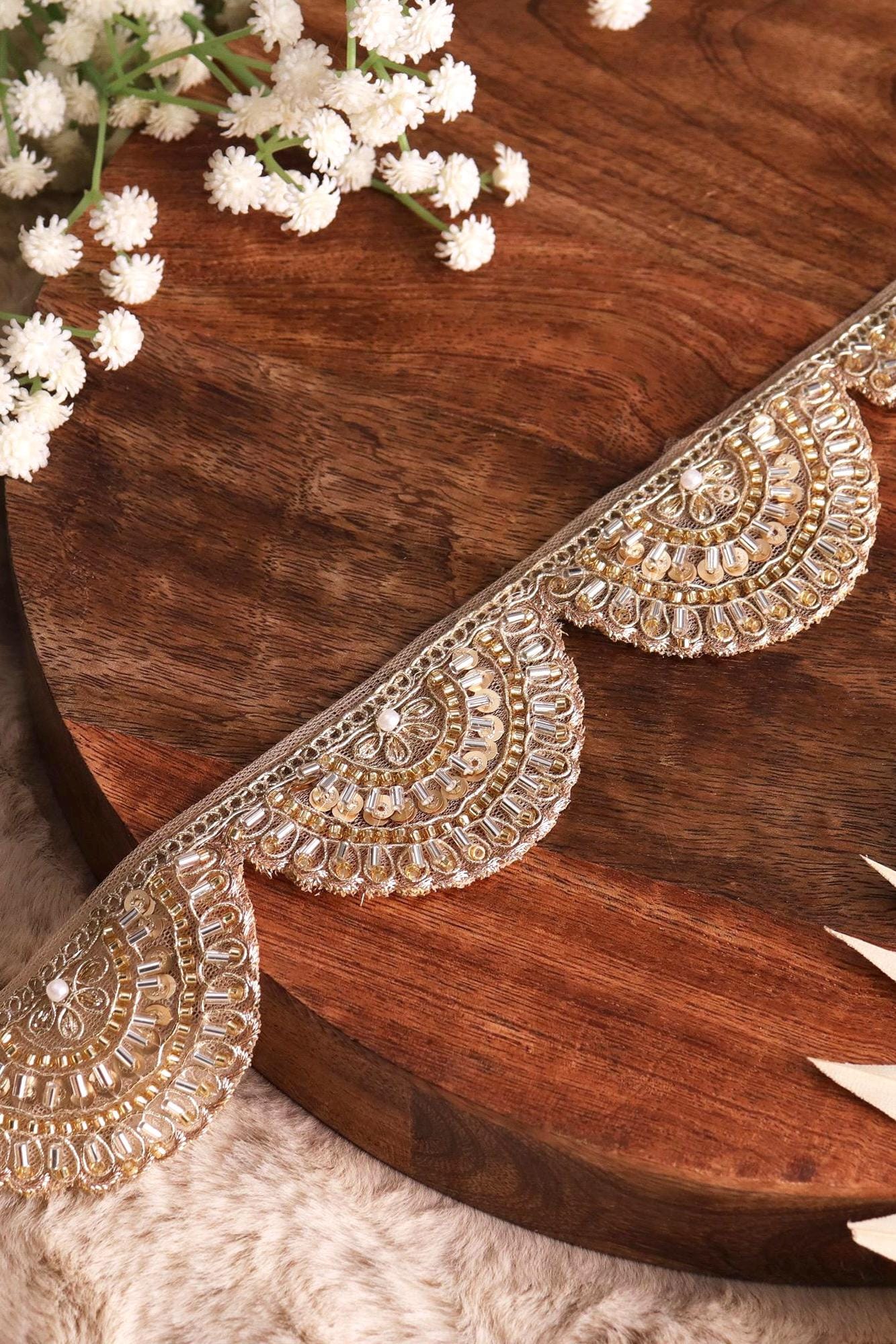 Light Gold Scalloped Zari Lace Glass Bead Indian Lace Trim Embroidered
