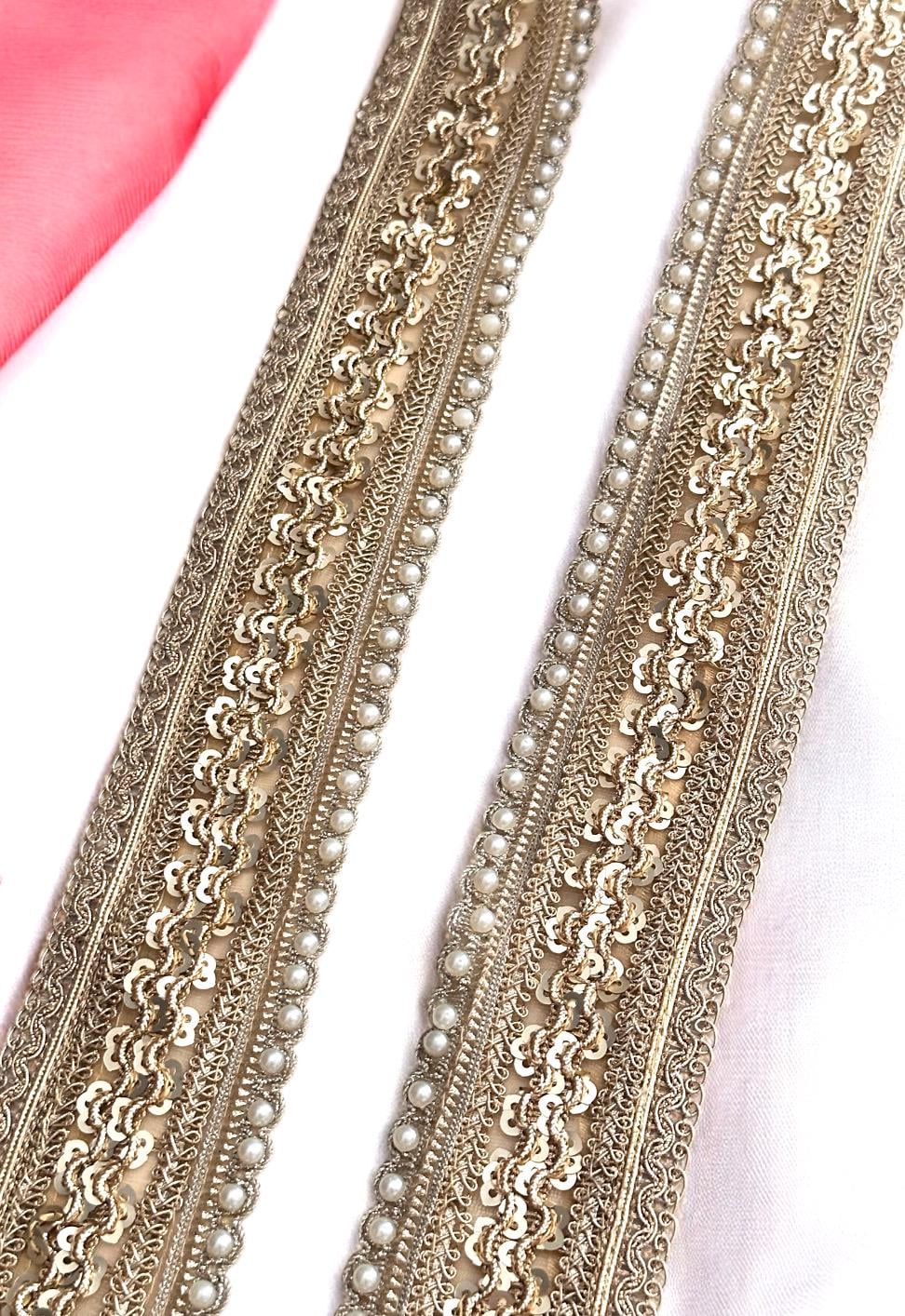 Pearl Metallic Gold Lux Edging Lace Sequin Scalloped Edging Craft Lace for Festive Wear Bridal Gown Veil Party Dress