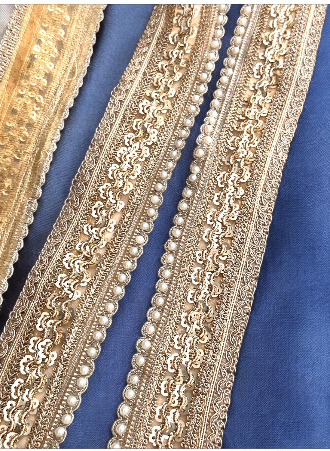 Pearl Metallic Gold Lux Edging Lace Sequin Scalloped Edging Craft Lace for Festive Wear Bridal Gown Veil Party Dress