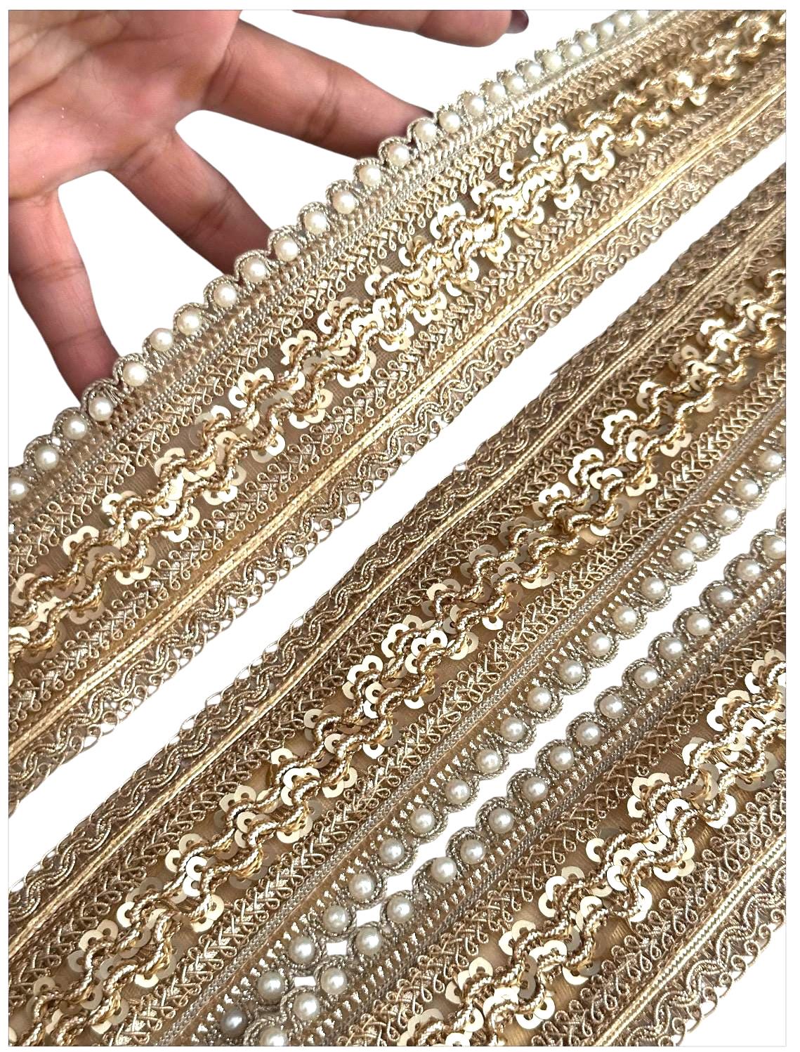 Pearl Metallic Gold Lux Edging Lace Sequin Scalloped Edging Craft Lace for Festive Wear Bridal Gown Veil Party Dress