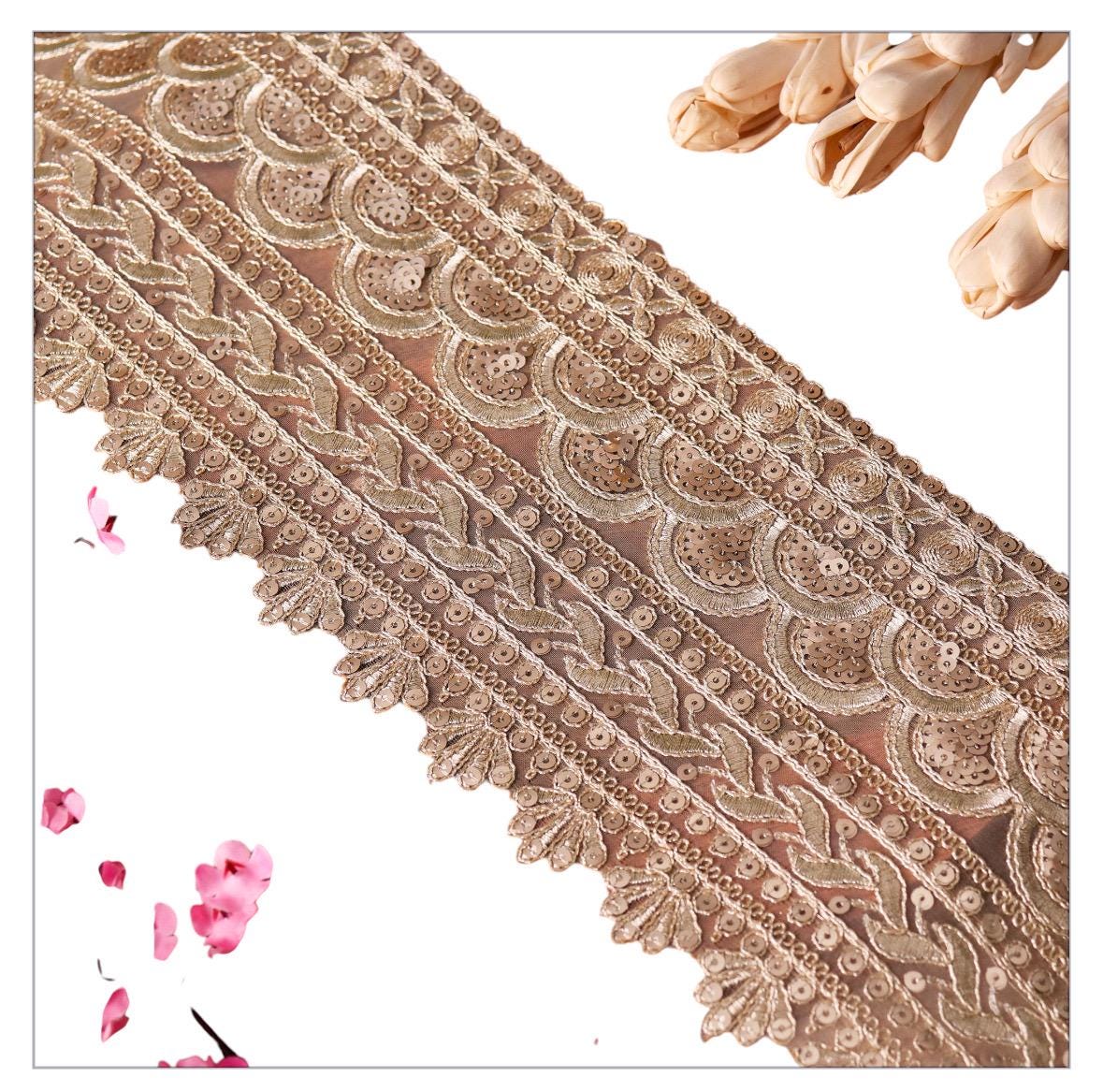 Delicate Gold Hand Embroidery Lace Trim for Wedding Dress Bridal Veil Sequin Lace